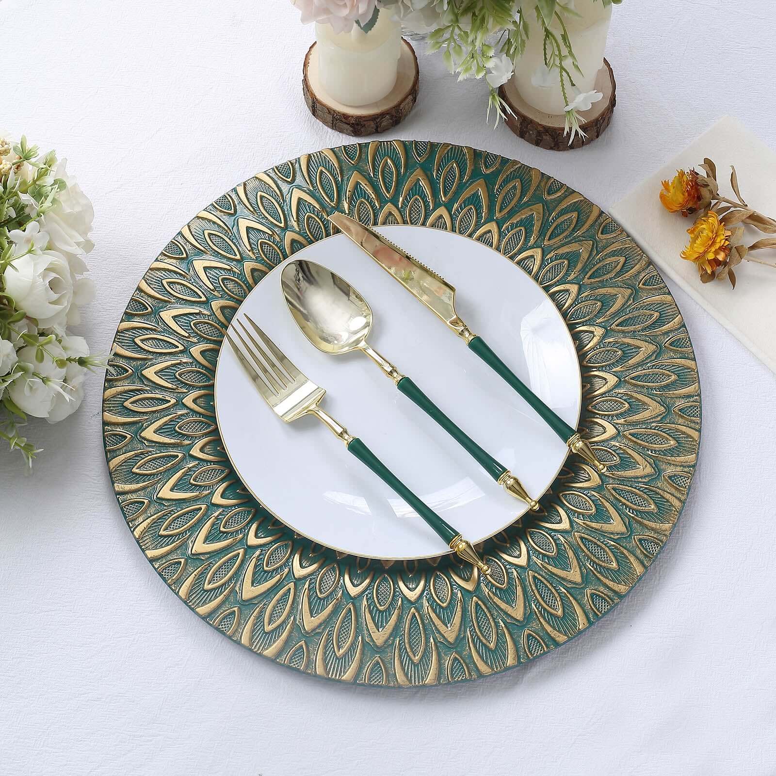 6-Piece Set of 13-Inch Teal Plastic Charger Plates with Gold Embossed Peacock Design