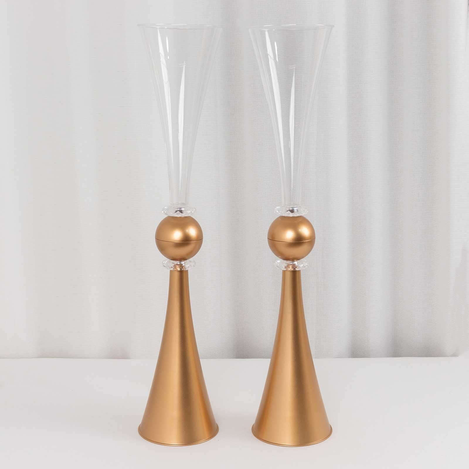 Hot Deal! 2-Pack Reversible Plastic Trumpet Flower Vases with Crystal Embellishments in Clear and Gold for Events