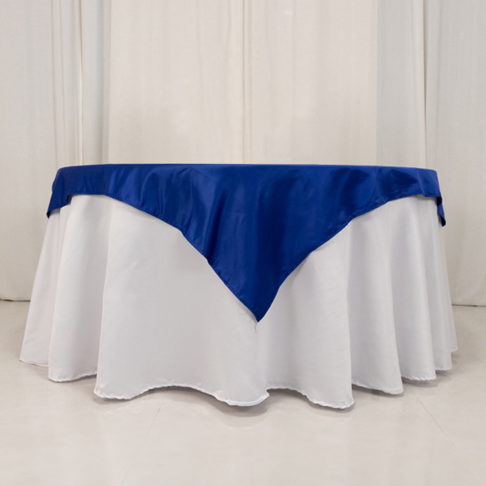 Royal Blue Lamour Satin Square Table Overlay - 54x54, Durable & Silk-Like Table Cover