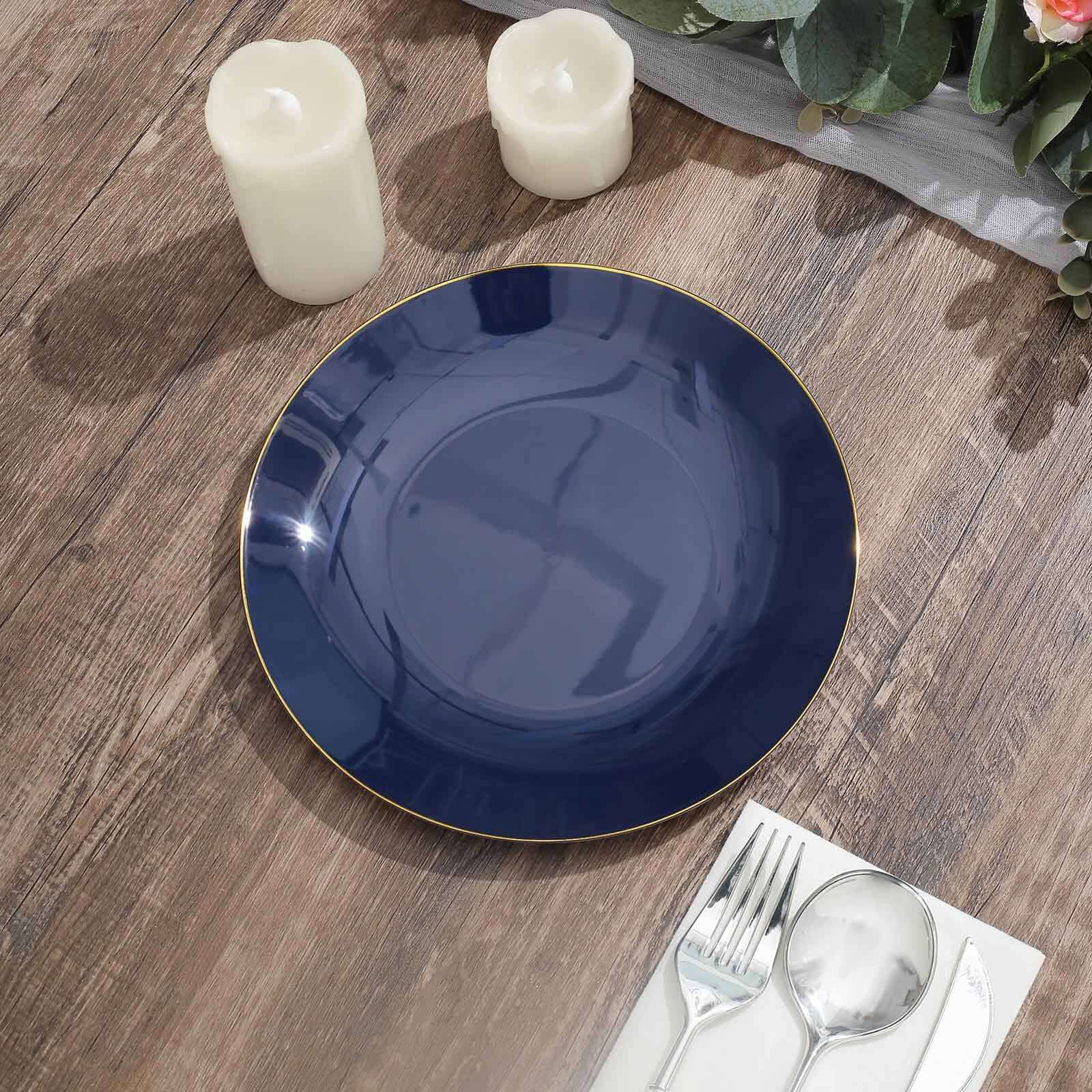 Hot Deal! 10-Piece Set of Disposable Navy Blue Plastic Round Dessert Plates with Gold Rim