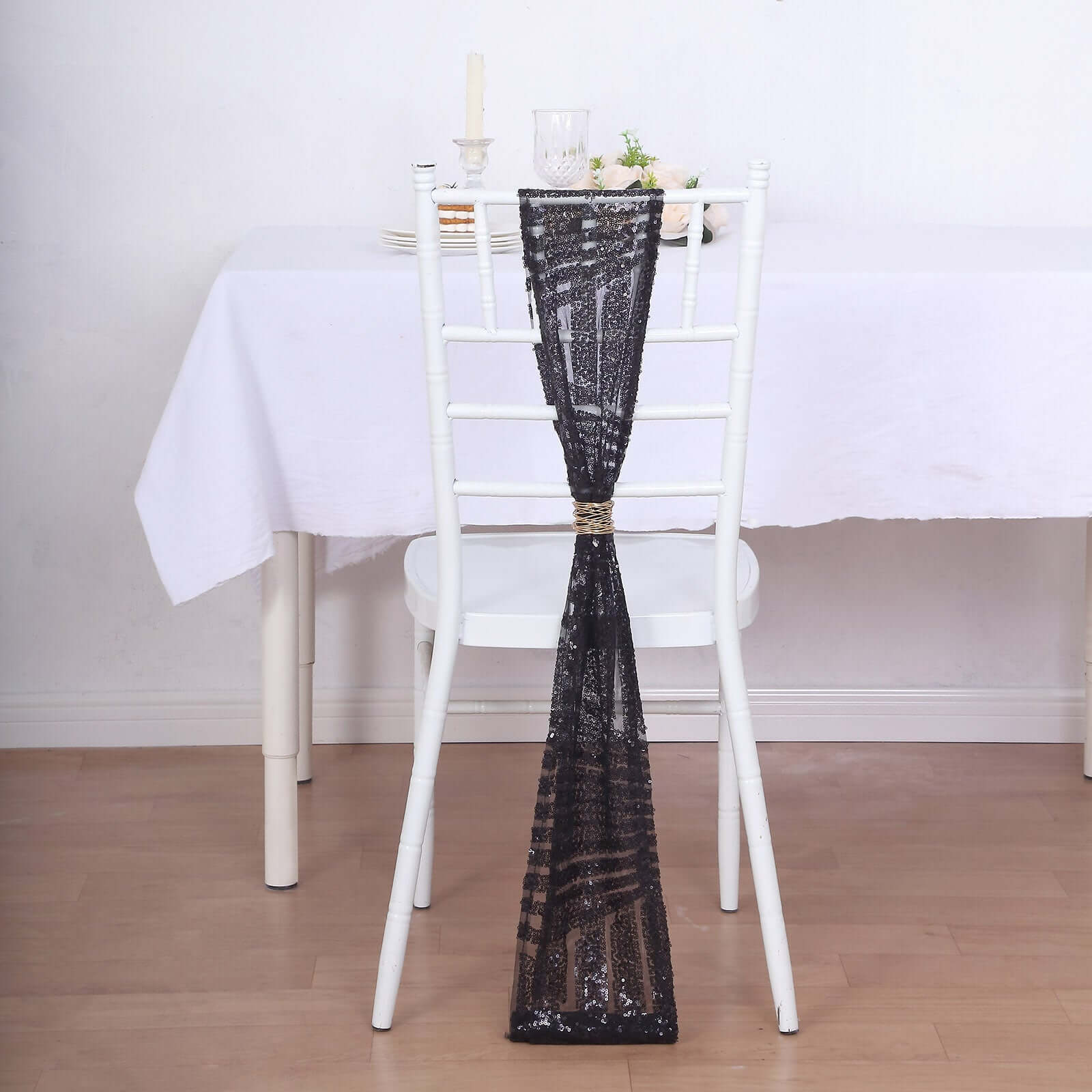 Hot Deal! 5-Pack Black Glittery Sequin Chair Sashes with Geometric Diamond Design for Weddings