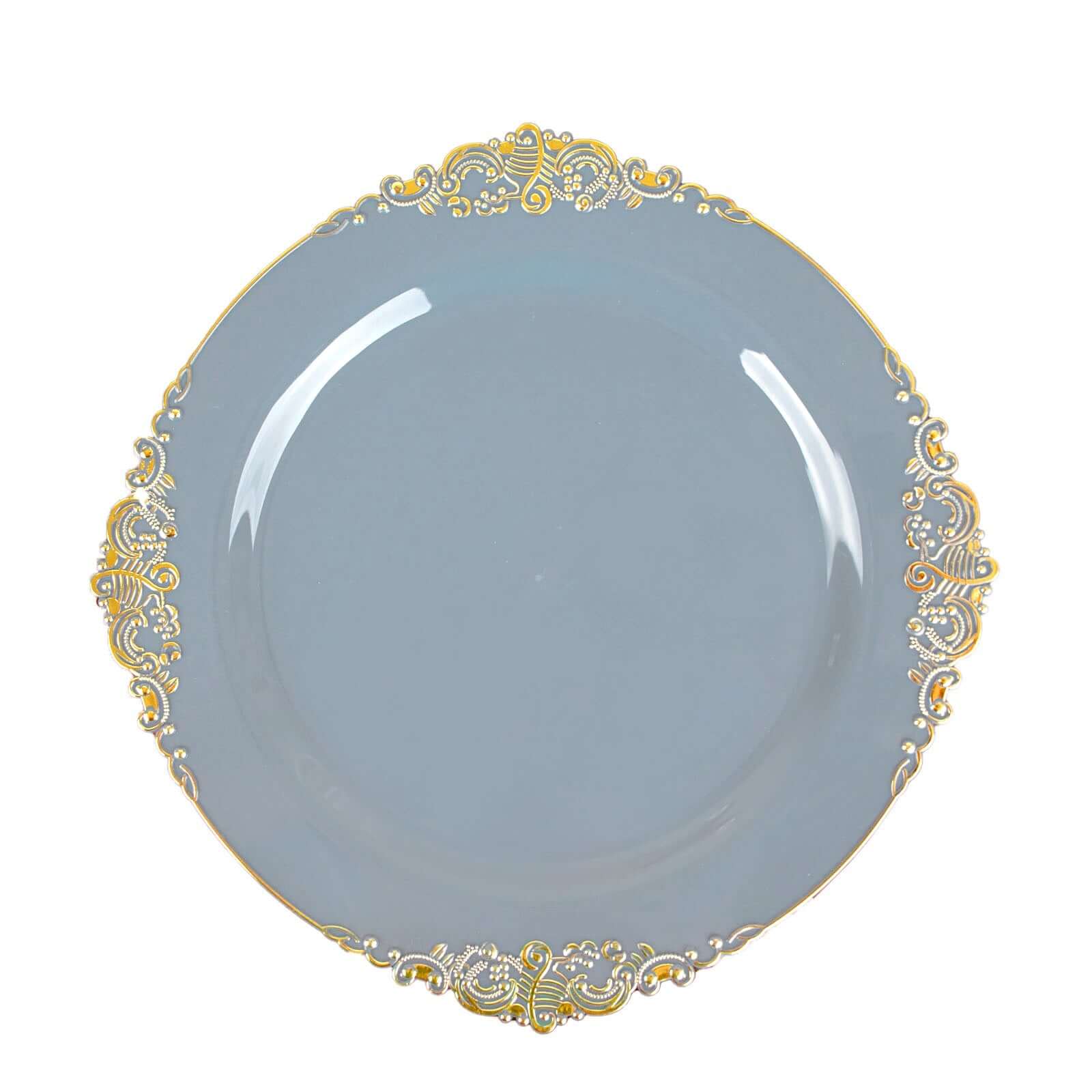 10-Pack Disposable Vintage Baroque Round Dinner Plates in Dusty Blue with Gold Leaf Rim - Great Value!