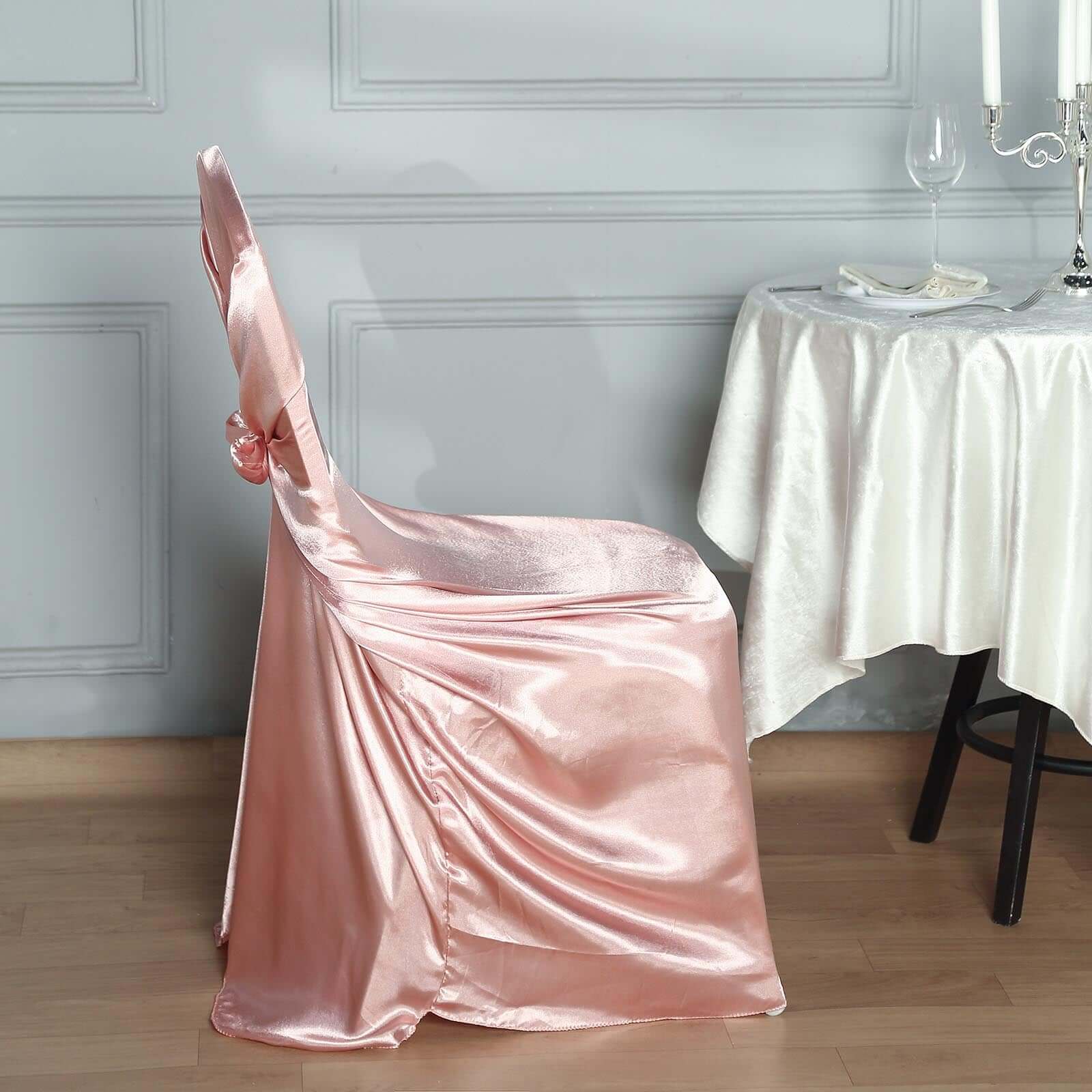 Durable Dusty Rose Satin Self - Tie Chair Cover for Folding, Dining & Banquet Chairs