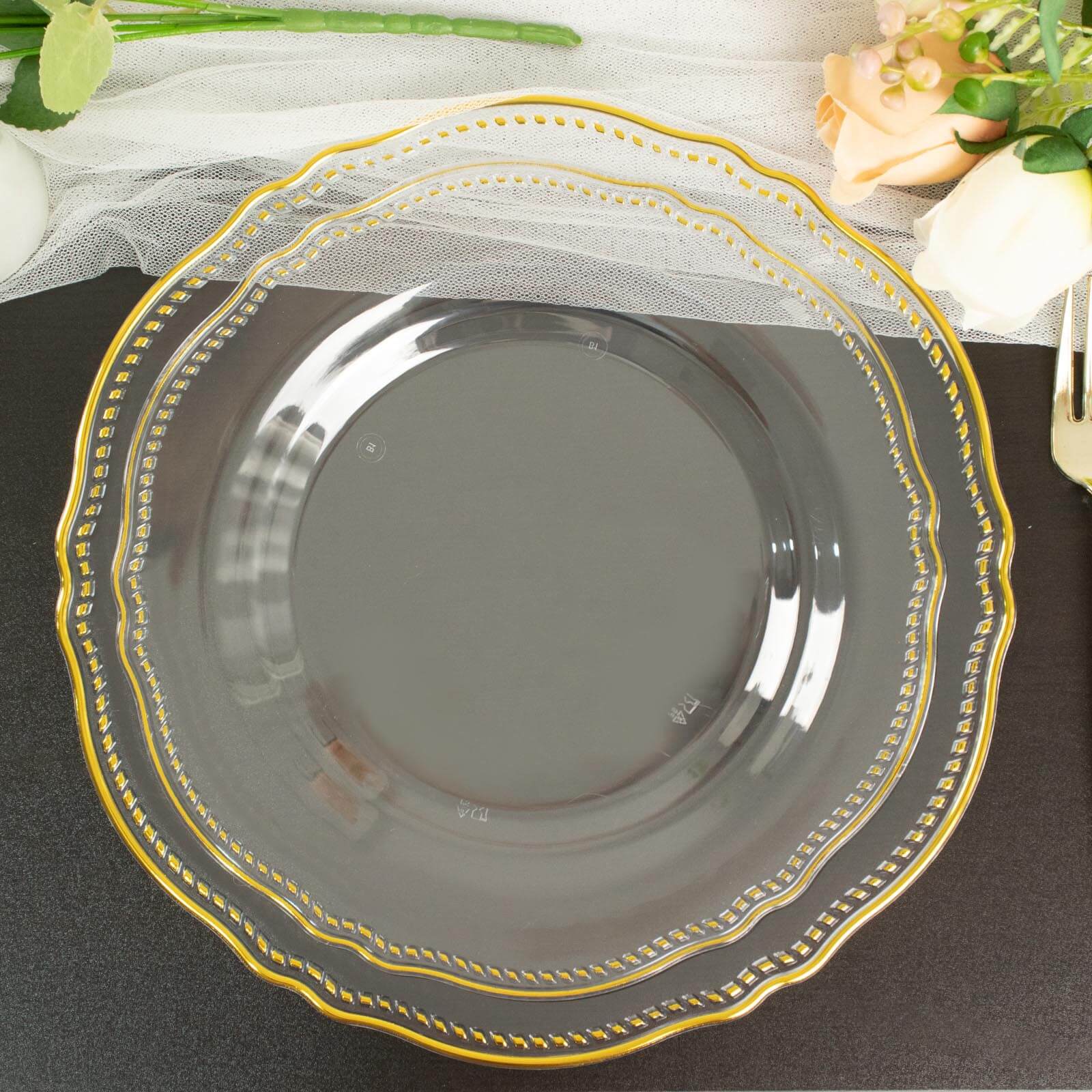 Hot Deal! 10-Pack Disposable Plastic Dinner Plates in Clear with Gold Scalloped Rim, 9 Inches