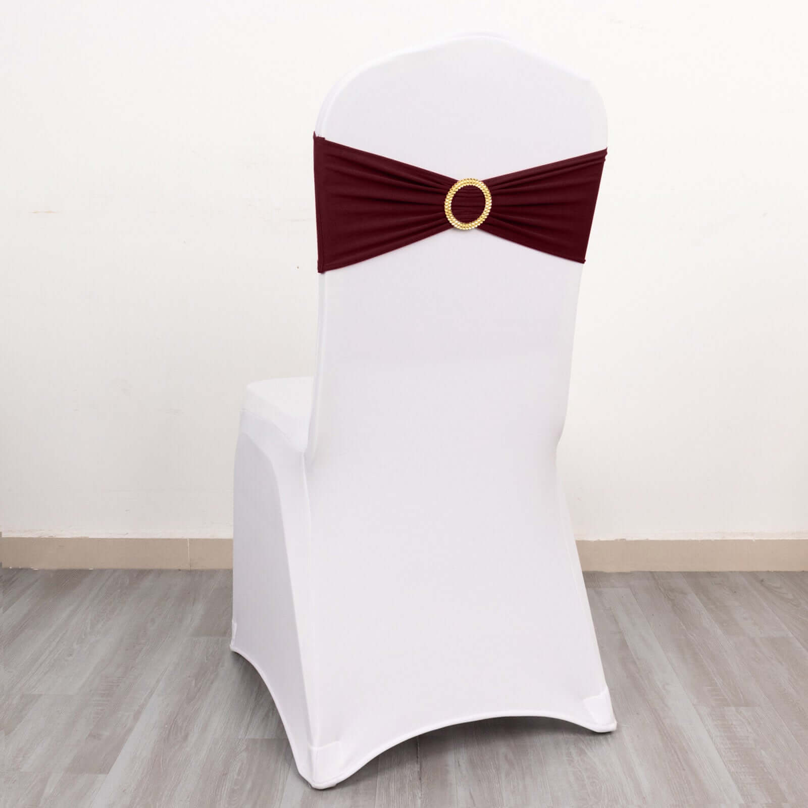 5-Pack Reusable Burgundy Spandex Chair Sashes with Gold Rhinestone Buckles - 4-Way Stretch