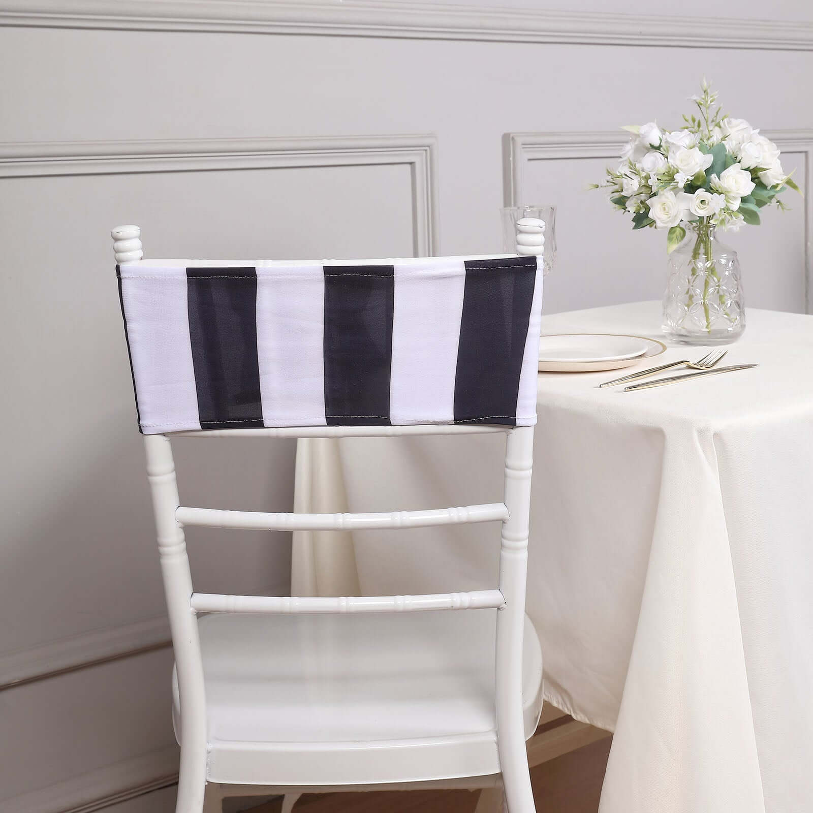 5-Pack Black/White Vertical Striped Spandex Chair Sashes - Wrinkle-Free & Easy to Use for Stunning Decor