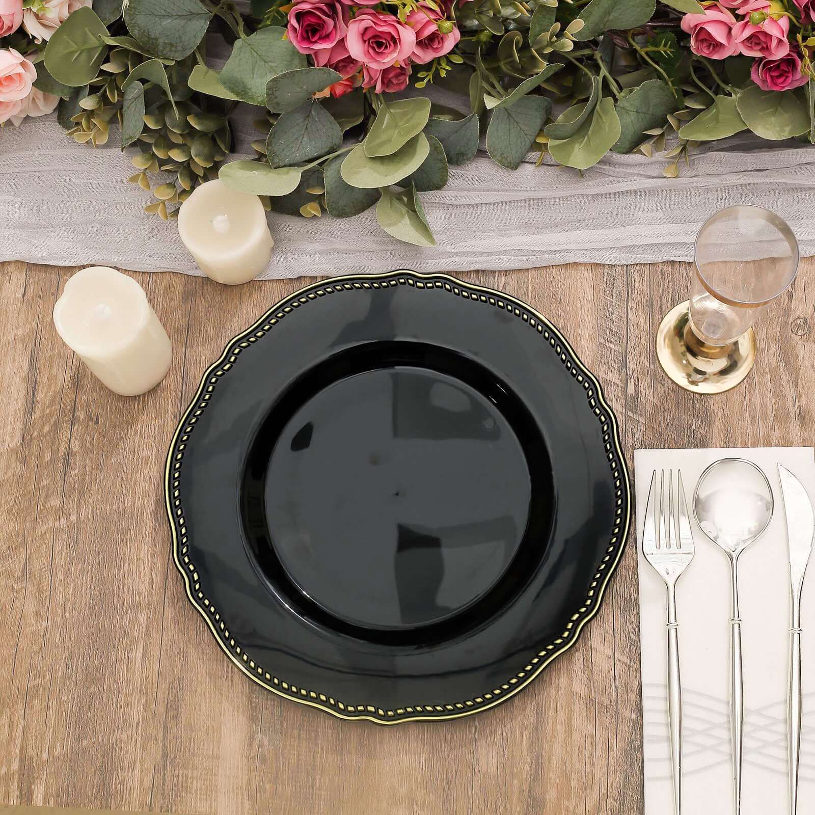 10-Piece Set of Disposable Black Plastic Dinner Plates with Gold Scalloped Rim