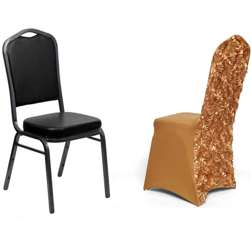 Gold Satin Rosette Stretch Chair Cover - Ideal for Sophisticated Gatherings
