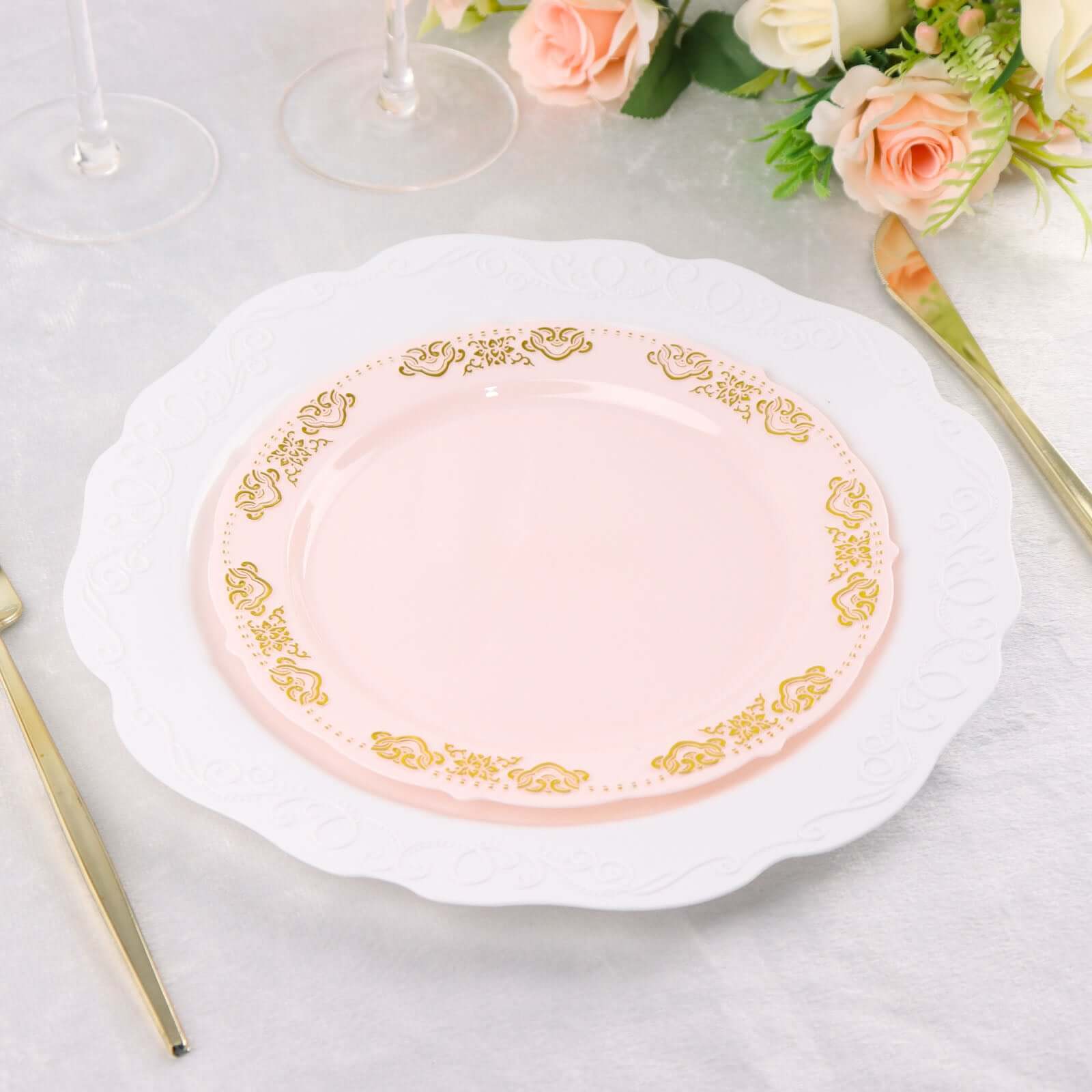 Hot Deal! 10-Pack Disposable Blush Plastic Round Appetizer Plates with Gold Embossed Scalloped Edge for Special Events