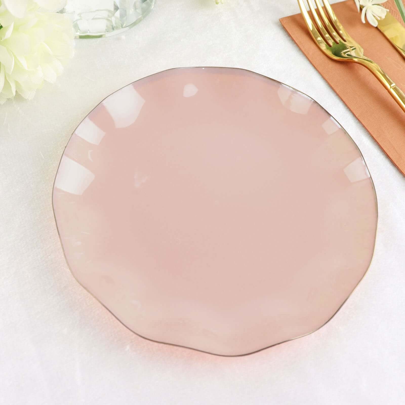 10-Piece Set of Sturdy Disposable Blush Plastic Round Dessert Plates with Gold Ruffled Edging