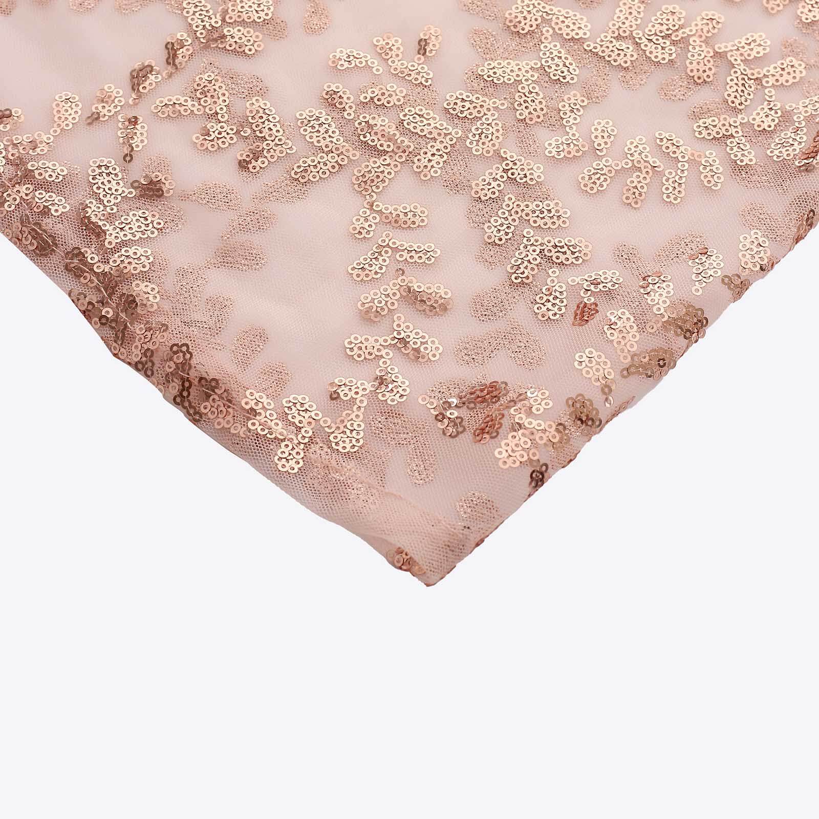 Set of 5 Sparkly Rose Gold Sequin Mesh Cylinder Pedestal Covers with Leaf Vine Design