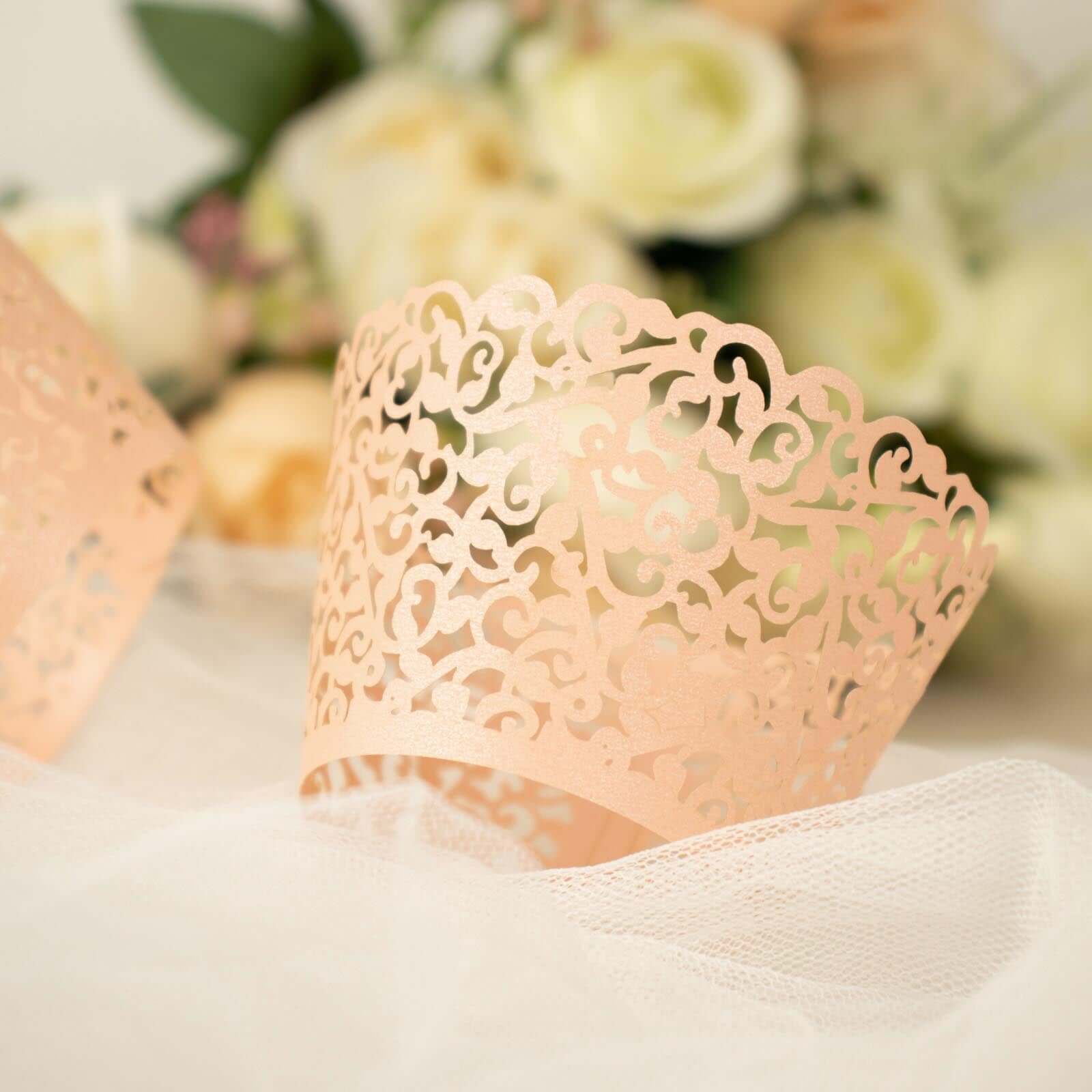25-Pack Premium Blush Paper Cupcake Wrappers with Lace Laser Cut Design for Party Baking