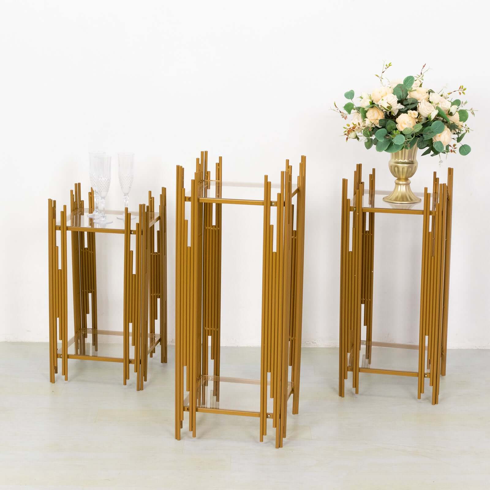 Hot Deal! Set of 3 Gold Metal Wedding Pedestal Stands with Square Acrylic Plates