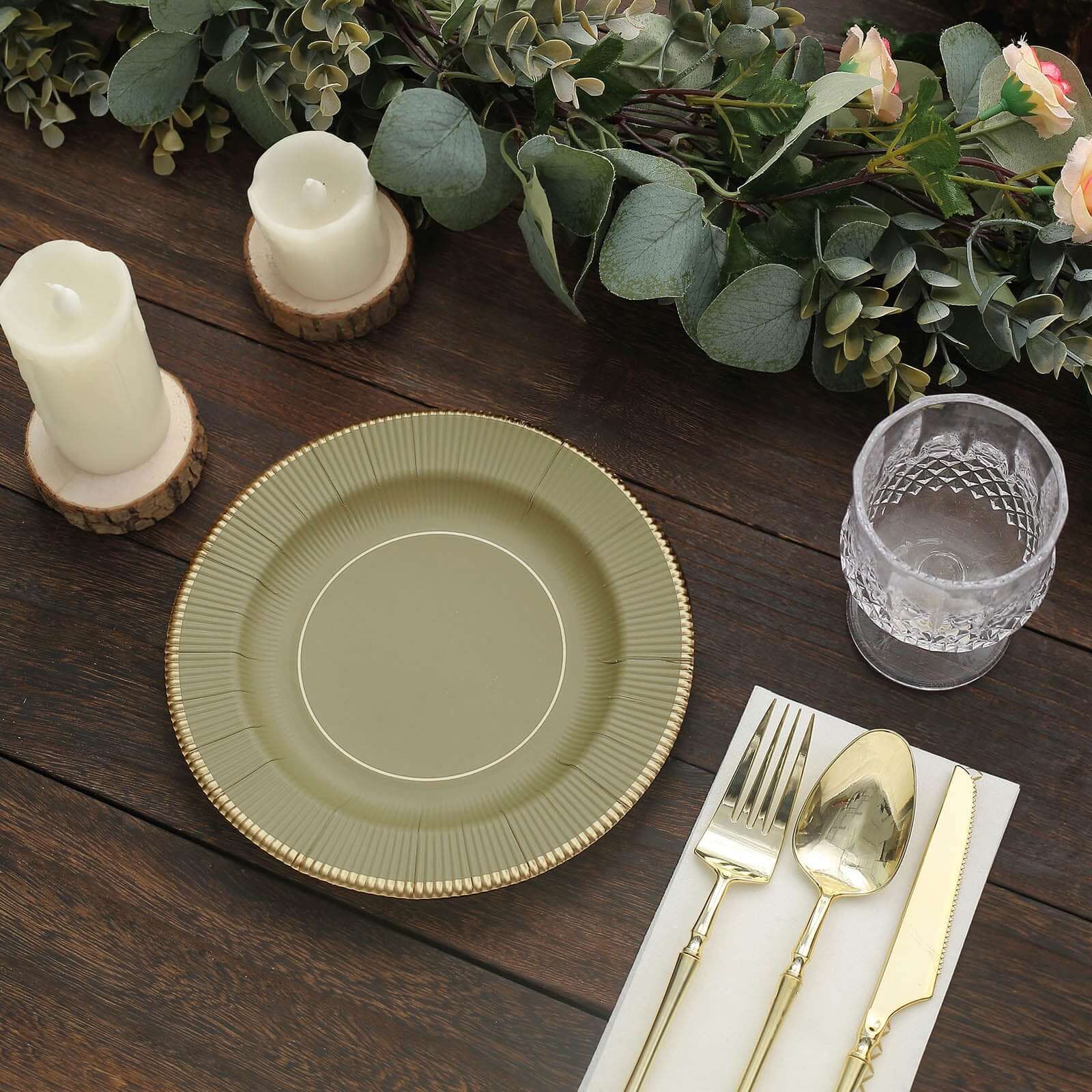 25-Pack Disposable 8-Inch Round Khaki Sunray Dessert Plates with Gold Rim - Heavy Duty 350GSM