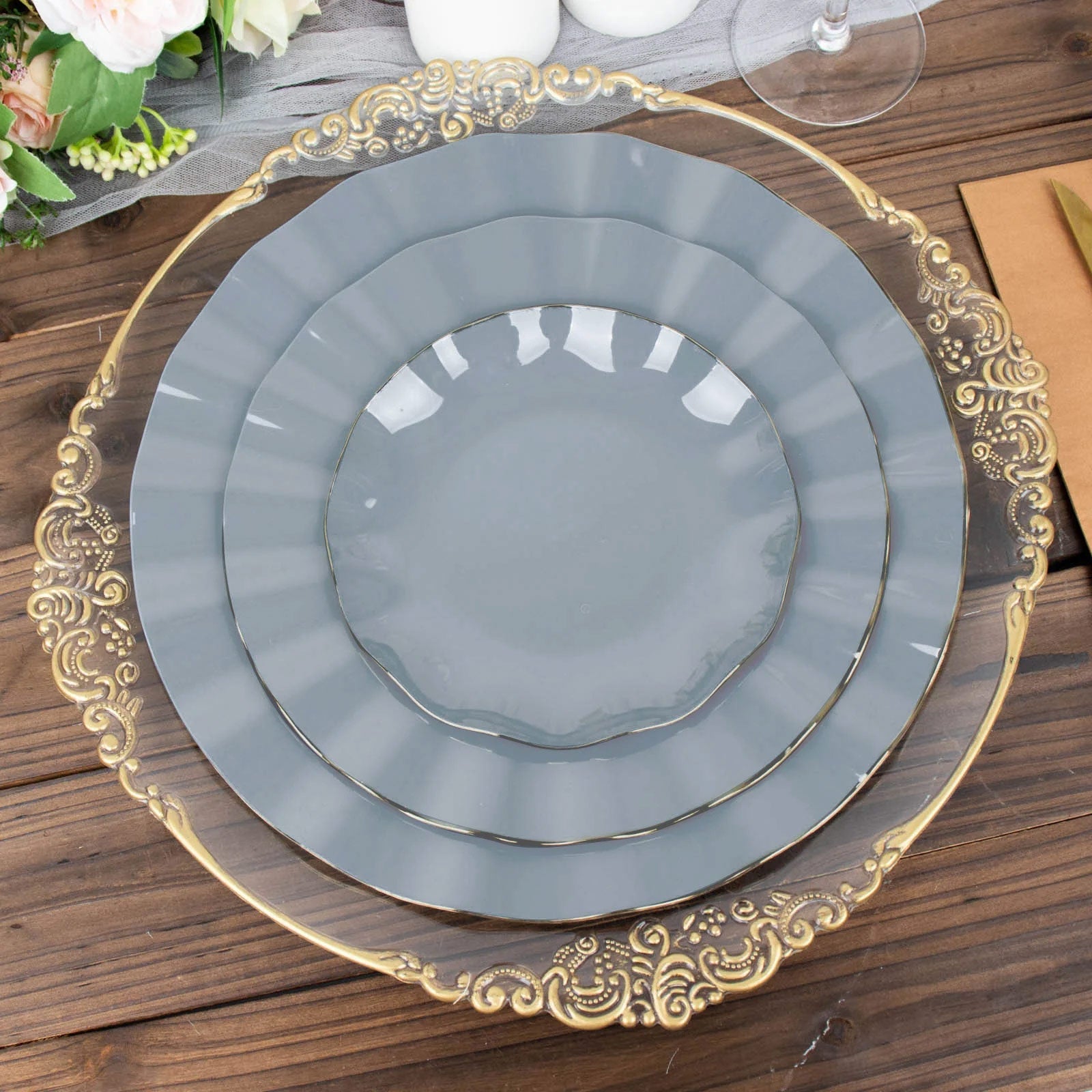 10-Pack Sturdy Disposable 11" Round Dusty Blue Dinner Plates with Gold Ruffled Edging