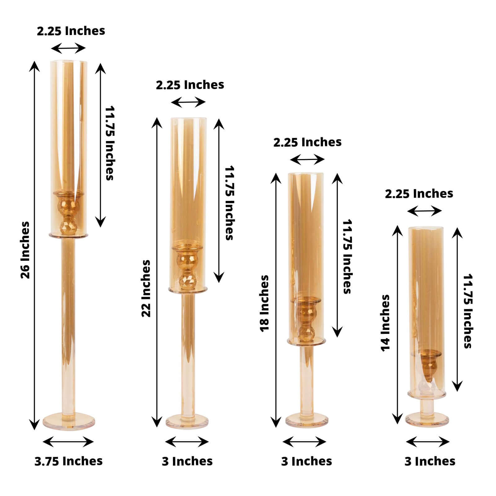 4-Piece Set of Gold Crystal Glass Hurricane Taper Candle Holders - Assorted Sizes