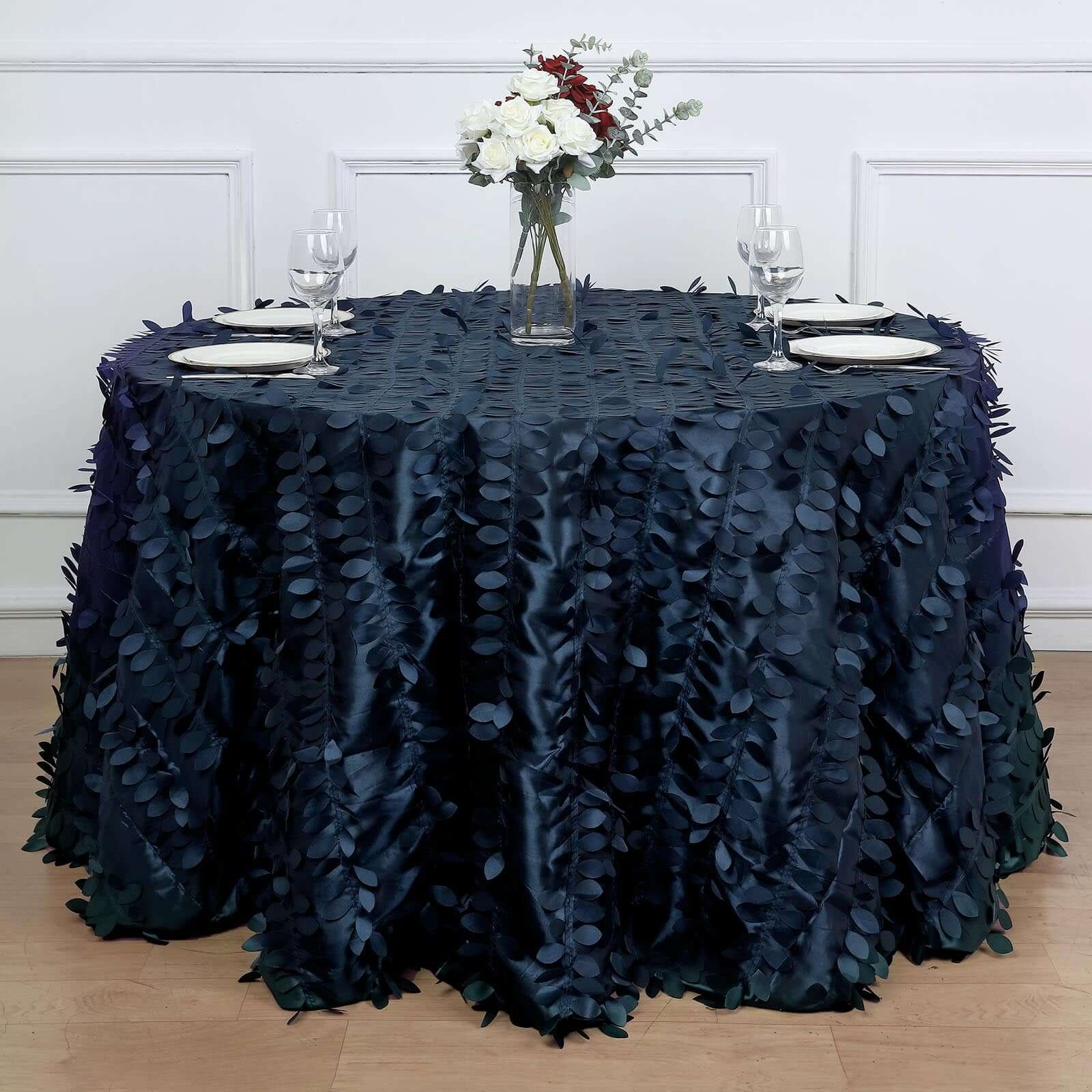 Navy Blue 120" Round Taffeta Tablecloth with Stunning 3D Leaf Petal Design