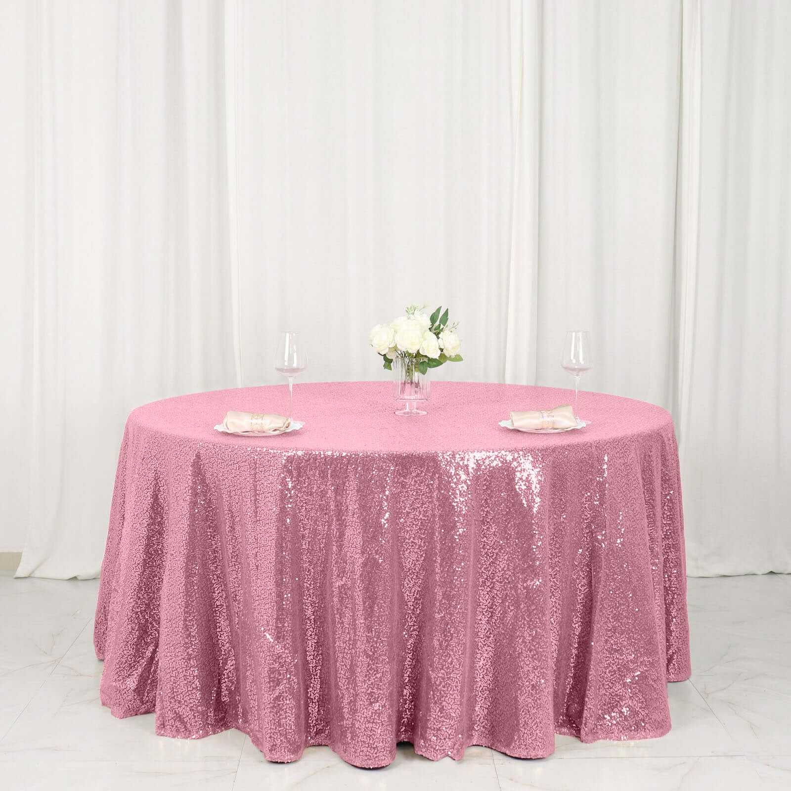Hot Sale! Pink Seamless Glittering Round Tablecloth, 120-Inch for Themed Events