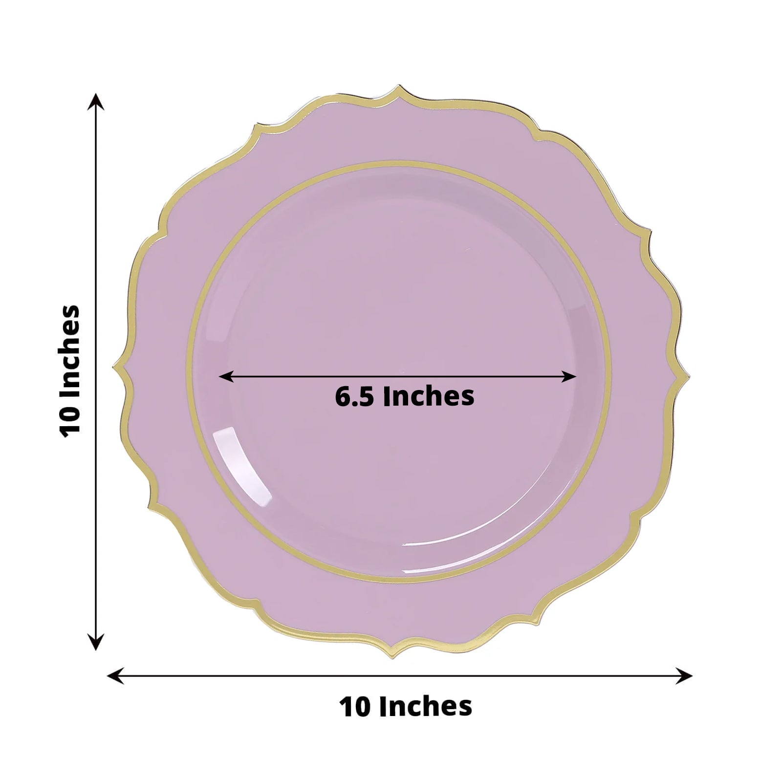 10-Piece Disposable Plastic Round Dinner Plates in Lavender Lilac with Gold Scalloped Edges