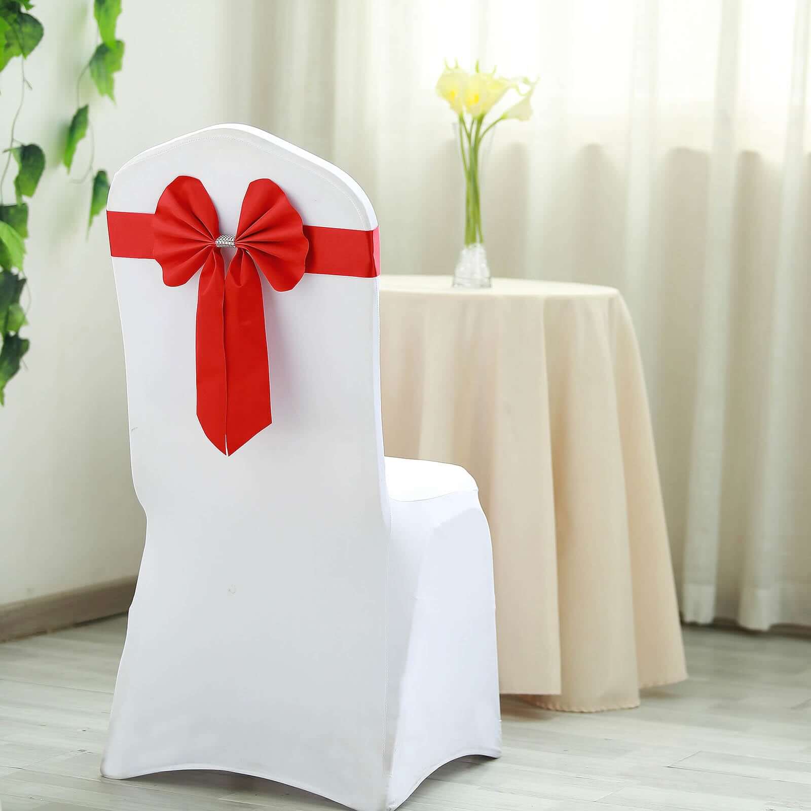Hot Sale! 5-Pack Red Satin Faux Leather Chair Sashes with Diamond Rhinestone Buckles