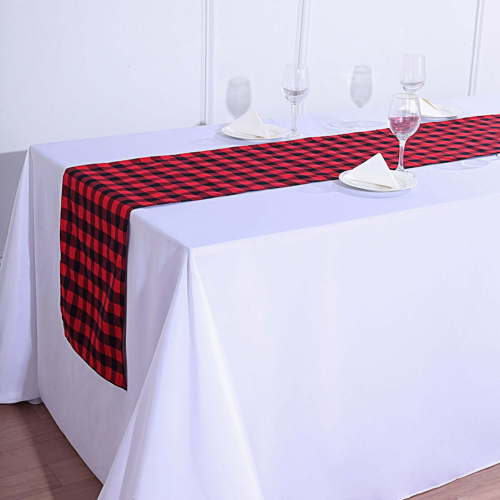 Hot Sale! 14x108 Black and Red Checkered Polyester Outdoor Table Runner with Buffalo Plaid Pattern