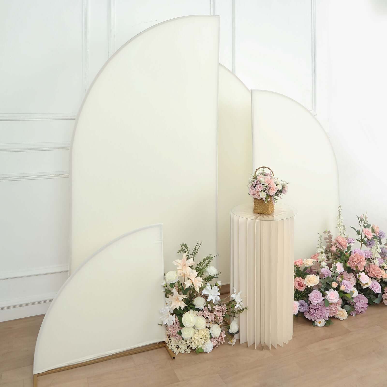 Get 4-Piece Matte Ivory Spandex Half Moon Wedding Arch Covers - Sizes 2.5ft - 7ft