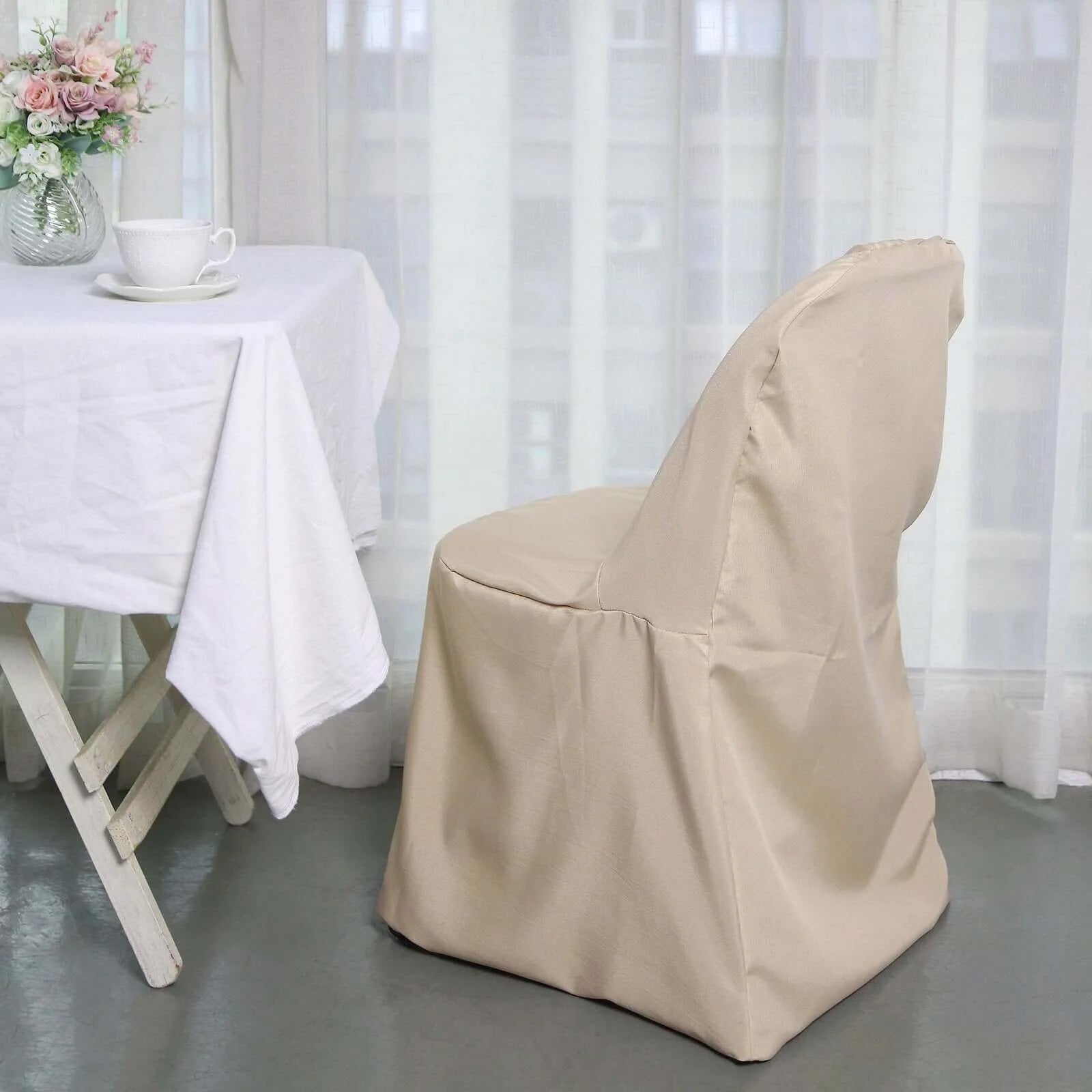 Hot Sale! 10-Piece Polyester Slip-On Chair Covers in Nude for Folding Chairs, Wrinkle & Stain Resistant