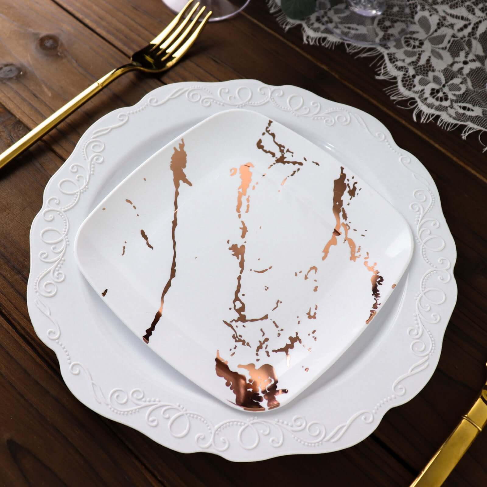 Great Deal! 10-Pack Disposable White Plastic Appetizer Plates with Rose Gold Marble Design for Special Events