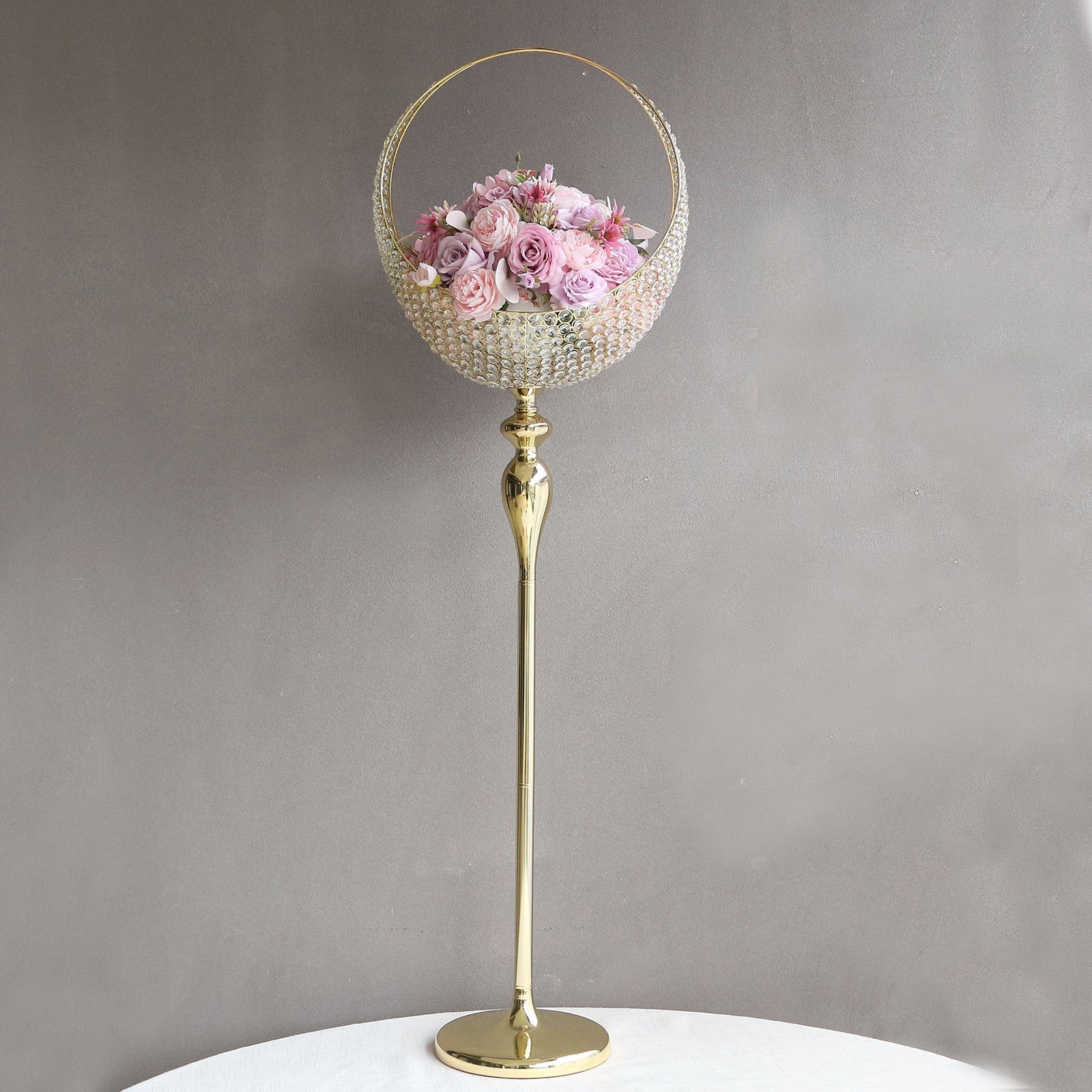 Promo! 4.5ft Tall Gold Metal Crystal Beaded Candle Holder Stand, Half Moon Basket Design for Wedding Centerpiece