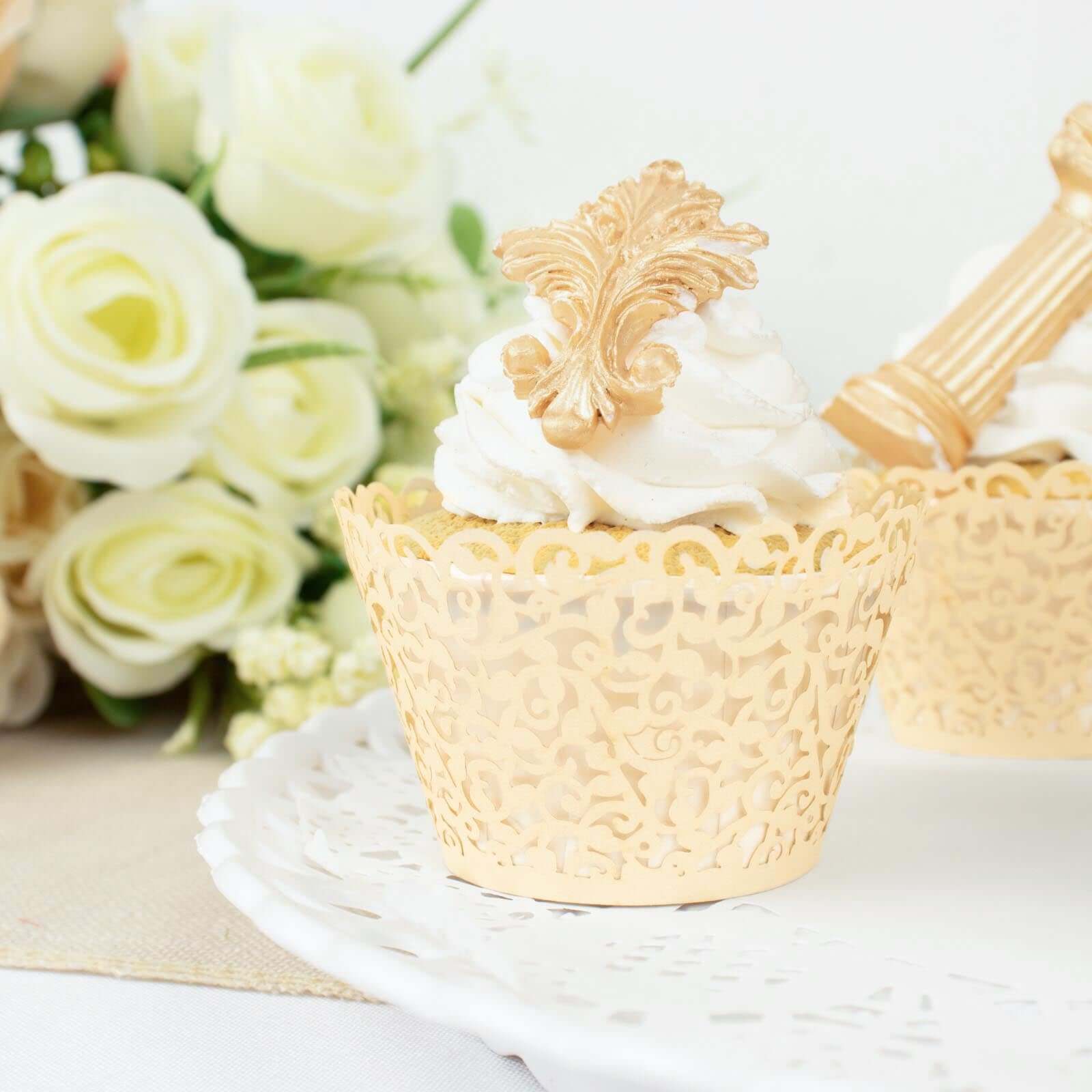 25-Pack Ivory Lace Laser Cut Paper Cupcake Wrappers - Ideal for Event Baking