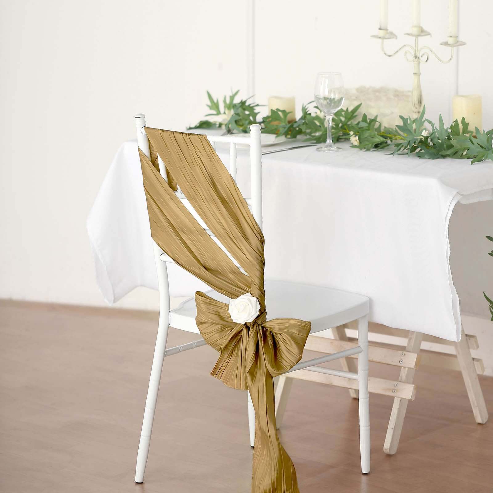 Gold Taffeta Chair Sashes - 5 Pack for Weddings & Events, Accordion Crinkle Style