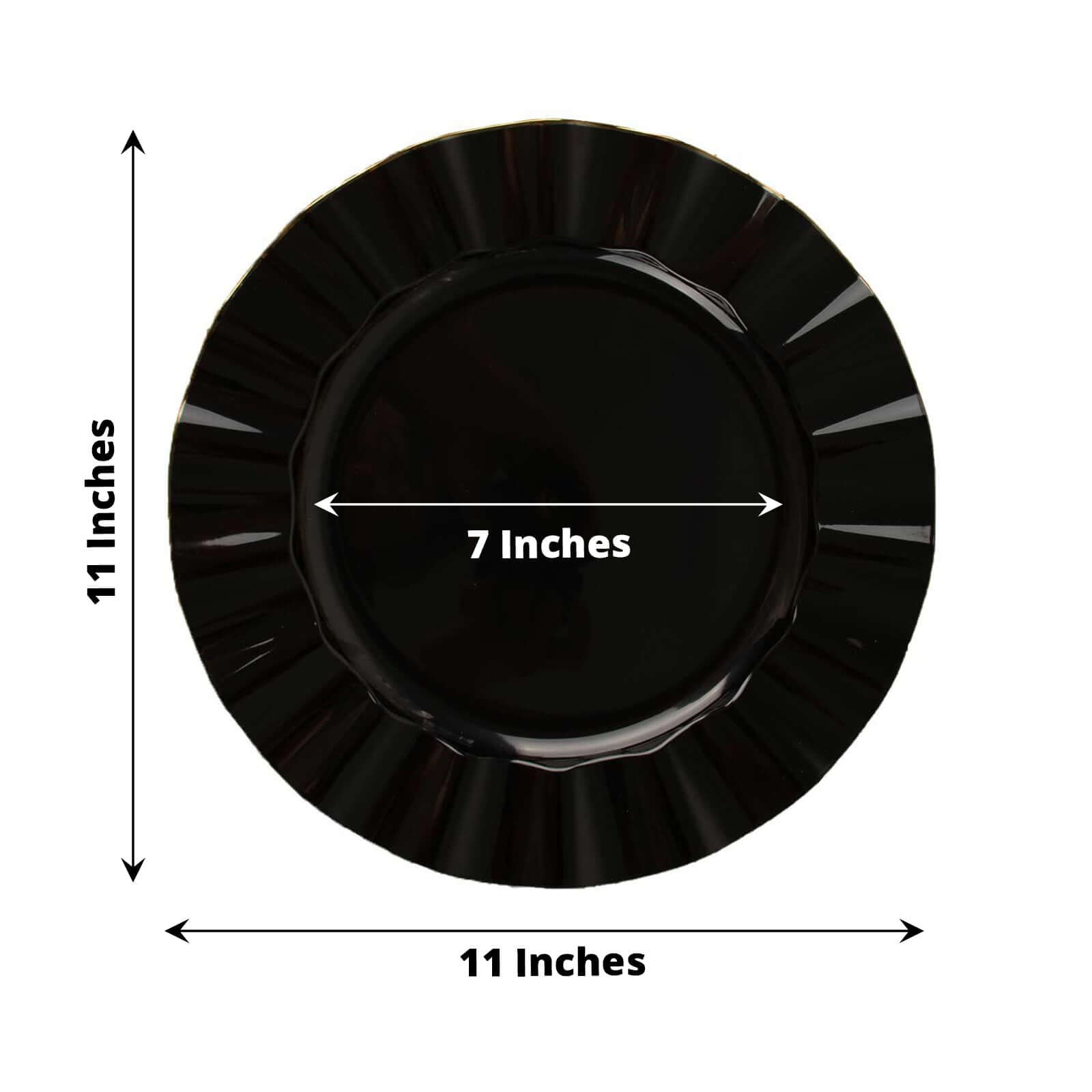 10-Piece Set of Sturdy Black Plastic Round Dinner Plates with Gold-Rimmed Ruffled Edges