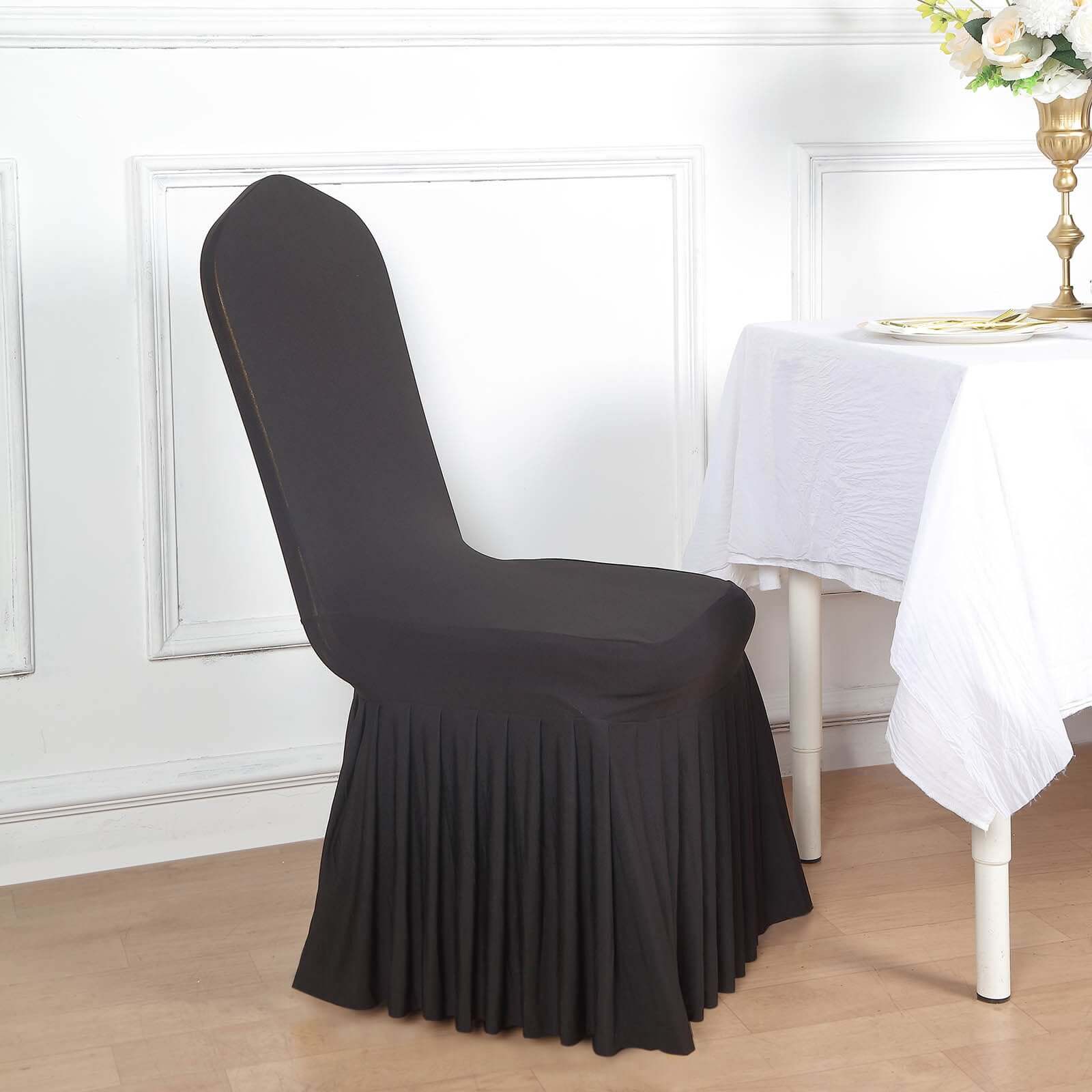 Black Spandex Stretch Fitted Slipcover with Ruffle Pleated Skirt for Banquet Chairs - 1 Piece