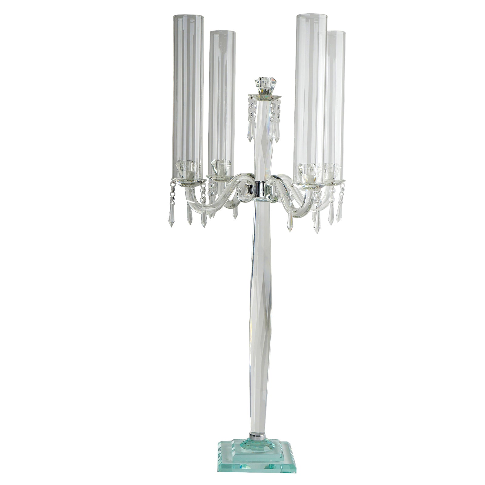 36-Inch 4-Arm Decorative Crystal Glass Taper Candle Holder Candelabra with Chandelier Chains