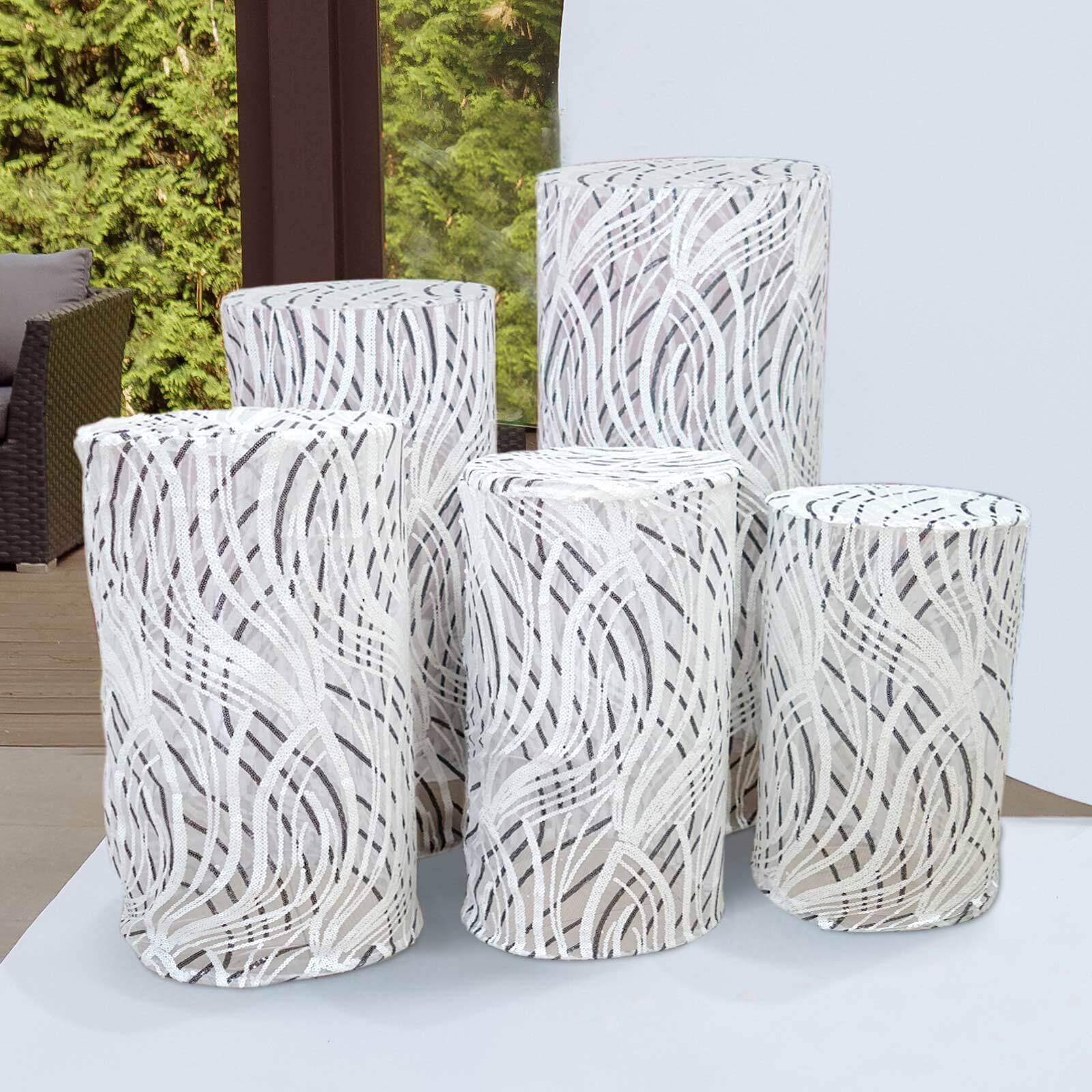 Hot Sale! Set of 5 Embroidered Sequin White Wave Mesh Cylinder Pedestal Stand Covers
