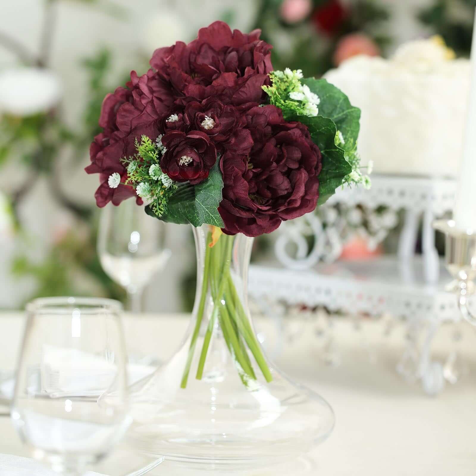 Hot Sale! 12-piece Burgundy Artificial Silk Peony Bouquet for Various Decorations