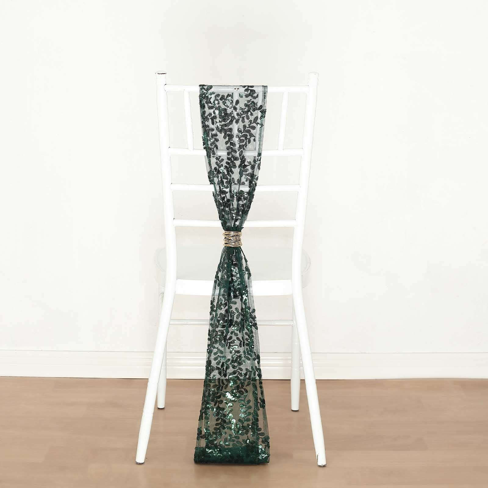 Hot Deal! 5-Pack Hunter Emerald Green Tulle Chair Sashes with Leaf Vine Sequins, 6x88