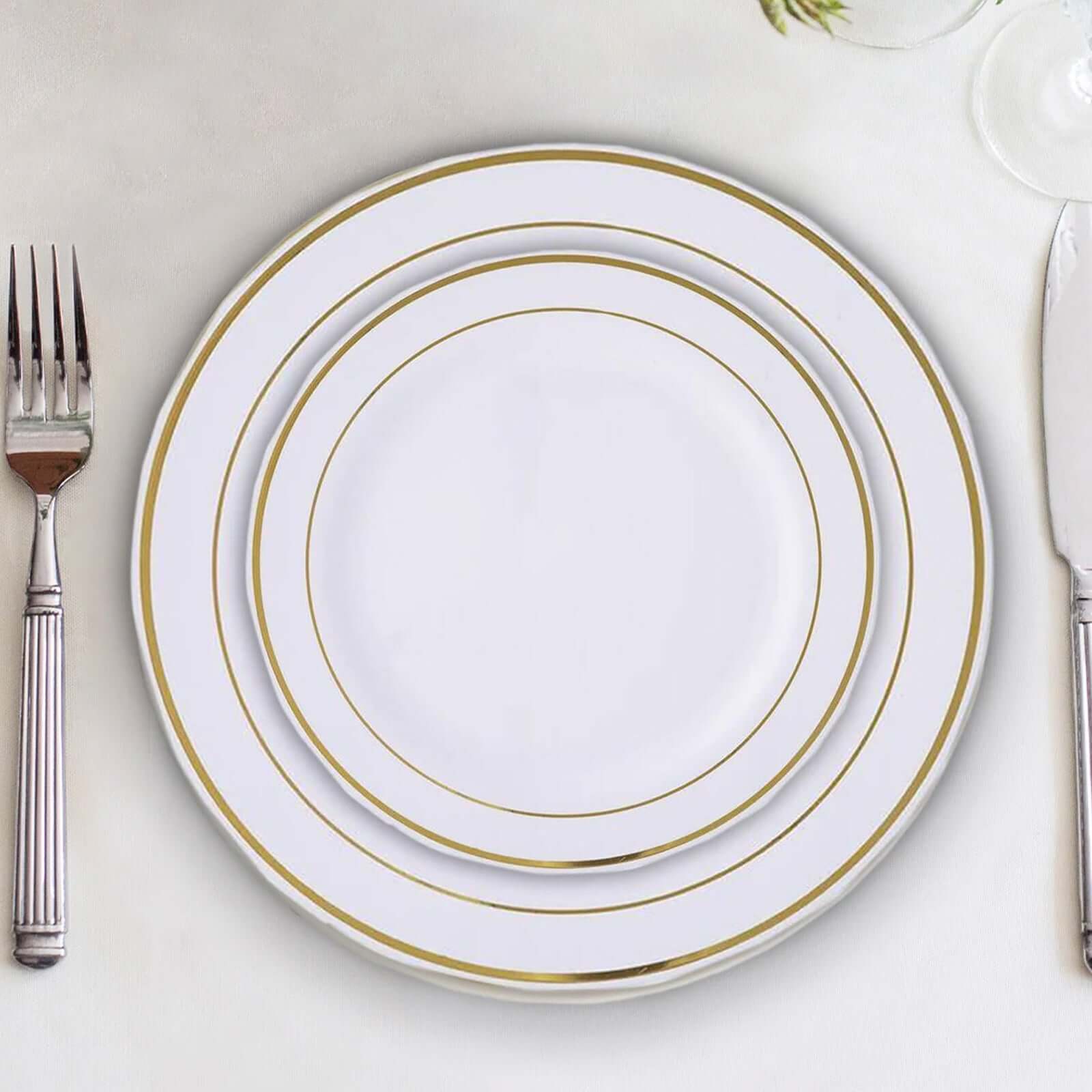10-Piece Set of Disposable White Plastic Dessert Plates with Stylish Gold Rim, 6 Inches