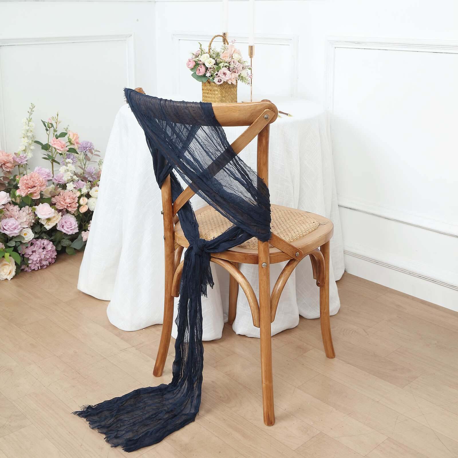 5-Pack Navy Blue Cheesecloth Gauze Chair Sashes - Ideal Boho Decor for Weddings & Parties