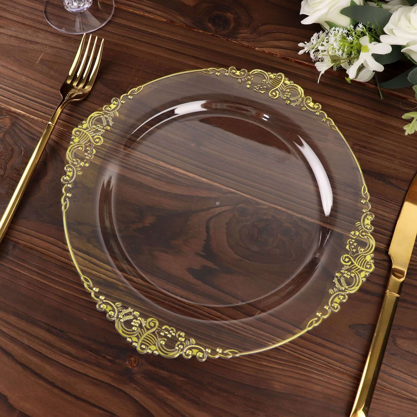 Hot Deal! 10-Pack Disposable Round Plastic Dinner Plates with Gold Leaf Embossed Rim in Vintage Baroque Style