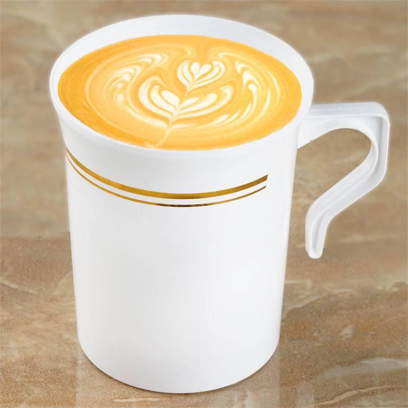 8-Piece Set of Disposable White Plastic Coffee Mugs with Gold Stripes - 8oz Sturdy Cups for Coffee & Tea