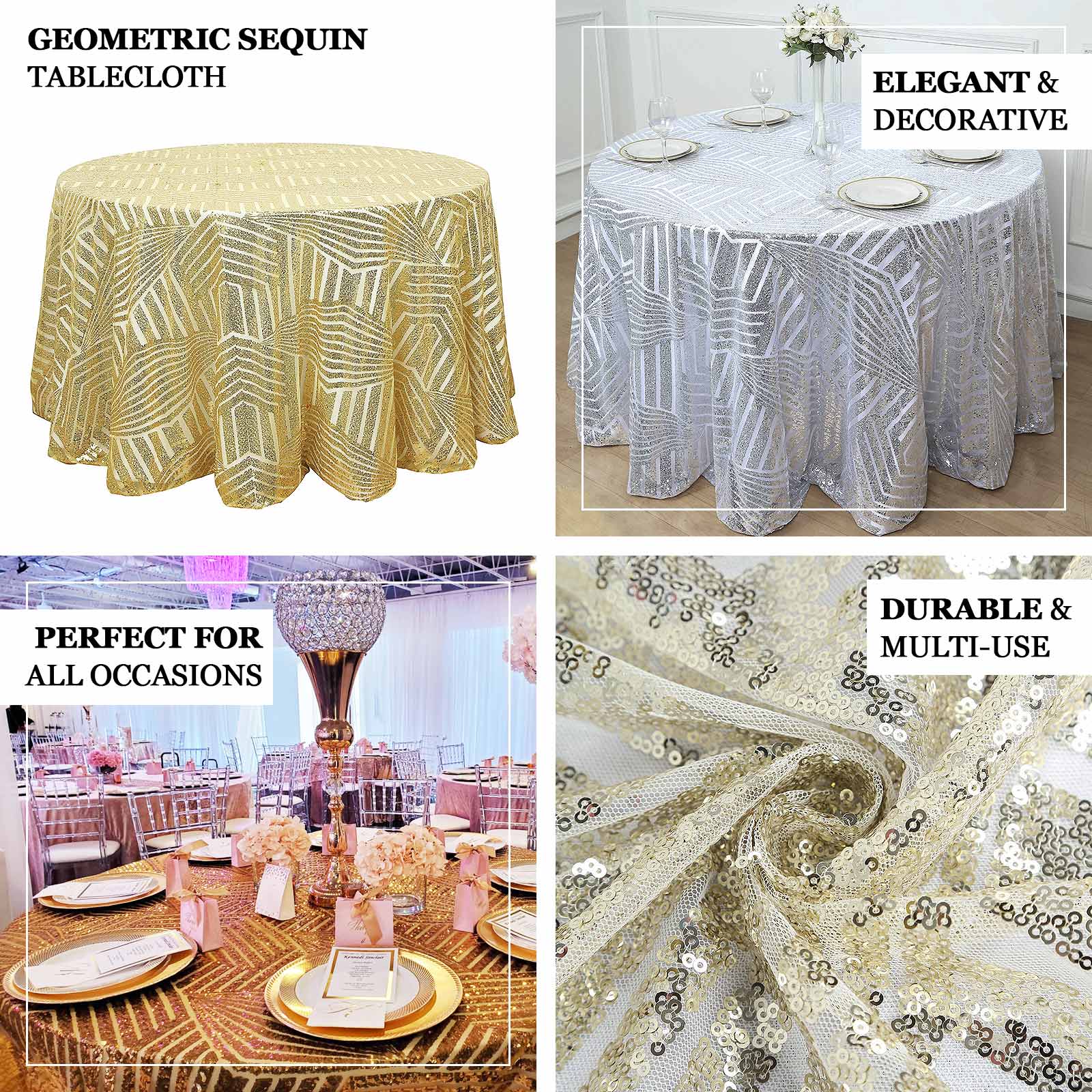 Gold Sequin 120 Round Tablecloth - Glam Seamless Diamond Design for Special Events