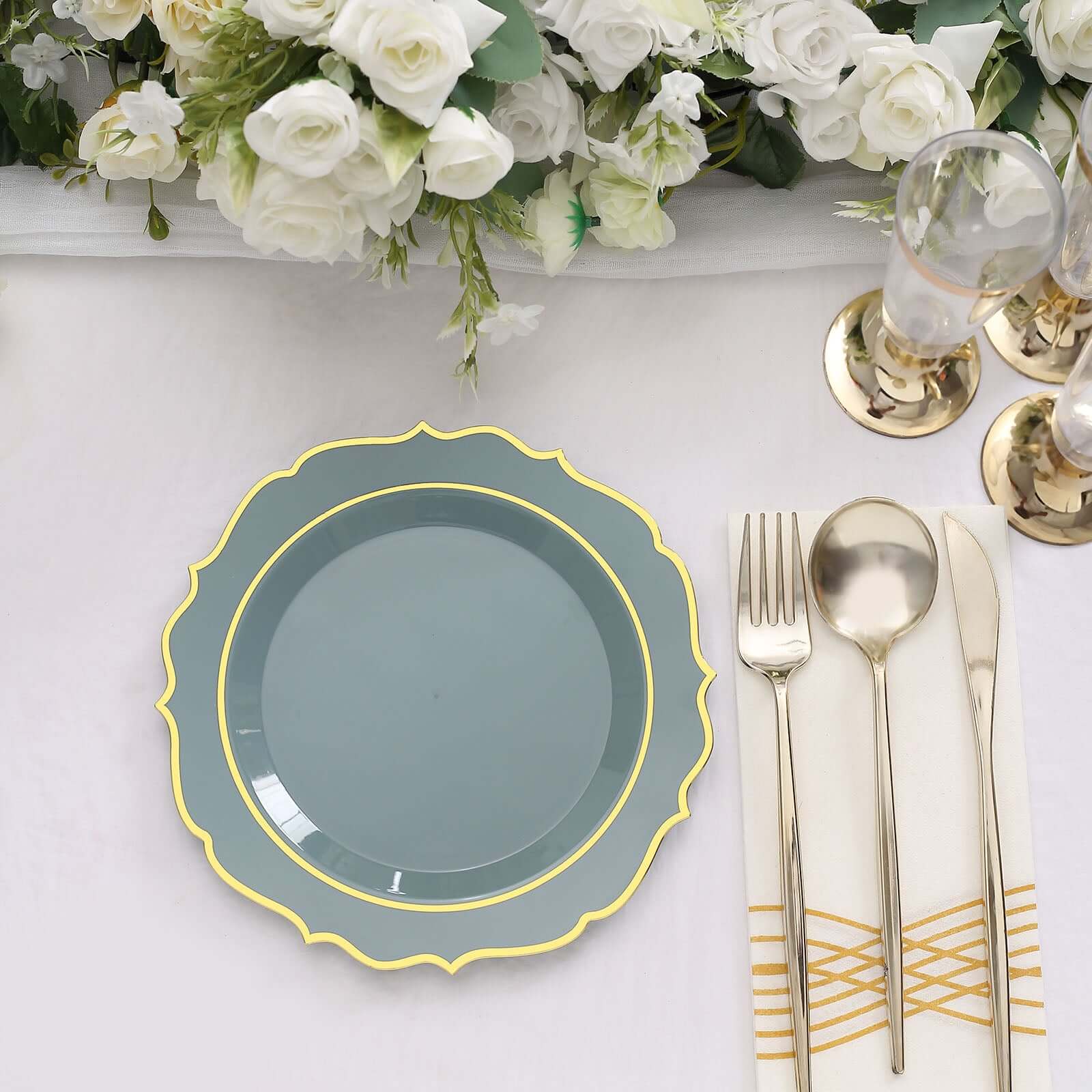 Hot Deal! 10-Pack 8" Disposable Dusty Blue Plastic Desert Plates with Gold Scalloped Rim