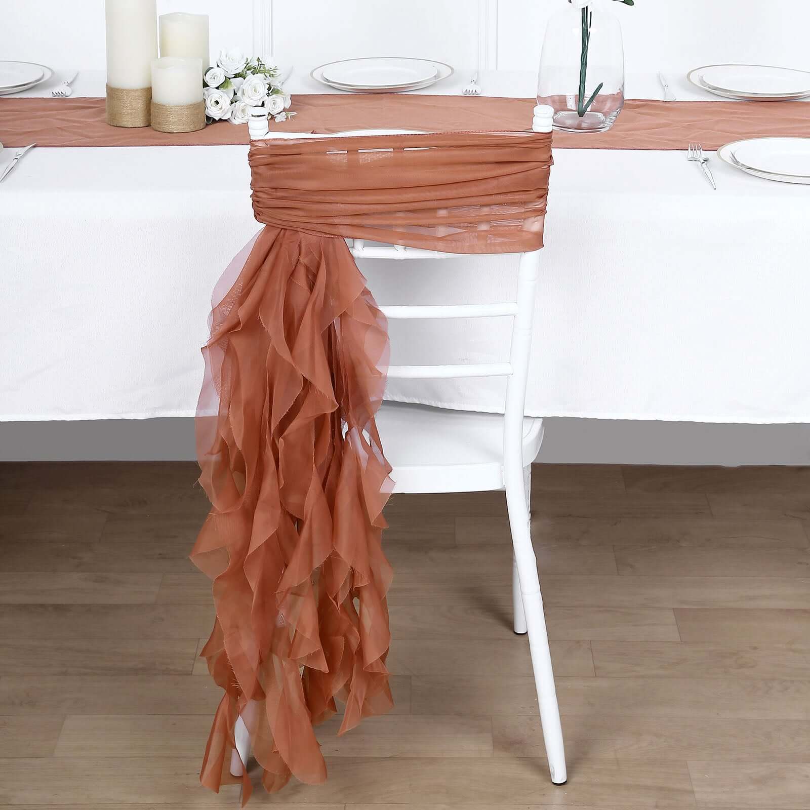Stylish Terracotta (Rust) Chiffon Chair Sashes Set with Willow Ruffles Design