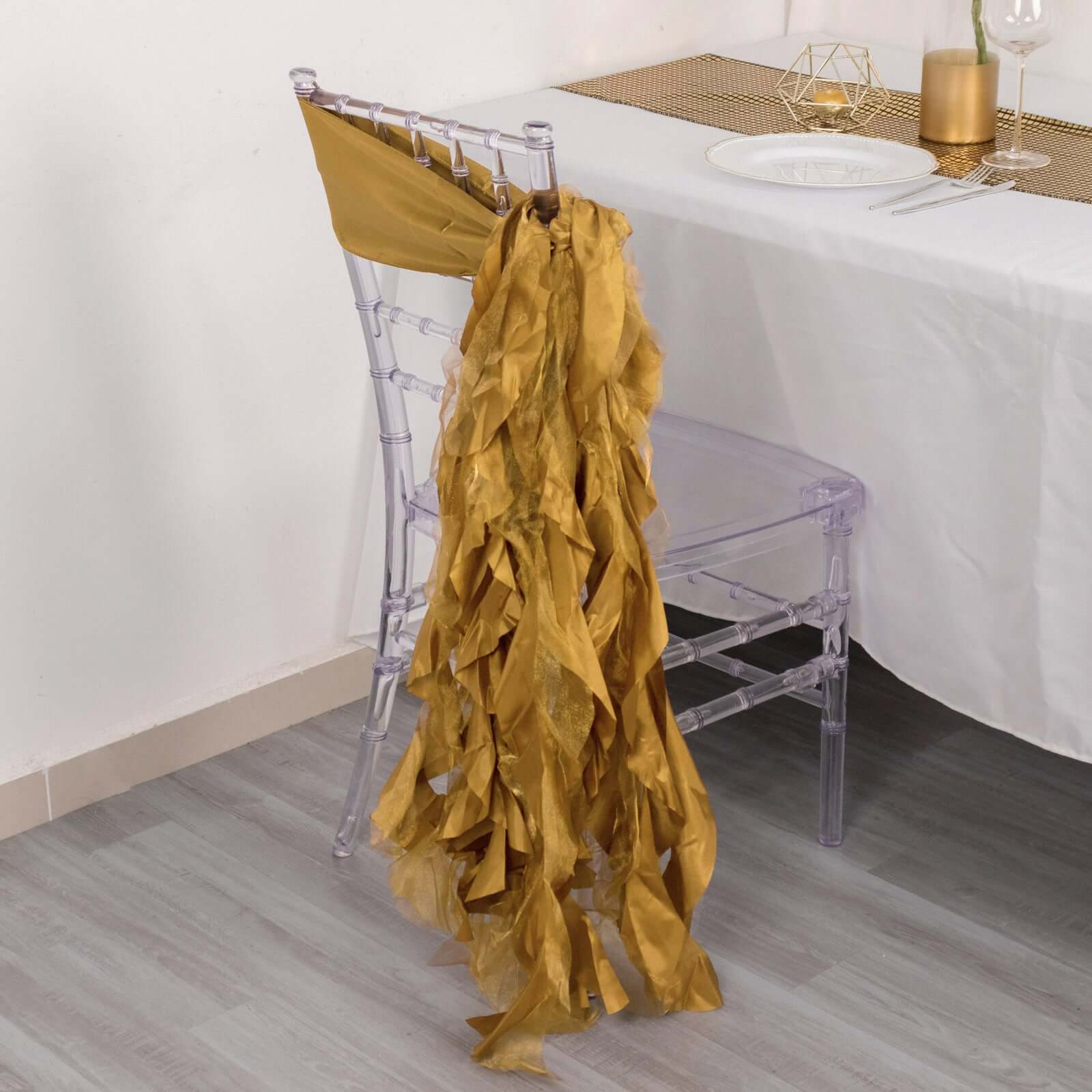 5-Pack Gold Chiffon Satin Curly Willow Chair Sashes - Easy Install, Ideal for Weddings