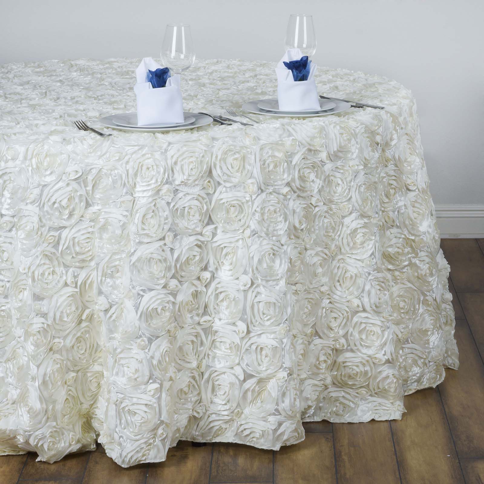 Hot Sale! Seamless 3D Rosette Ivory Satin 132 - inch Round Tablecloth for Special Events