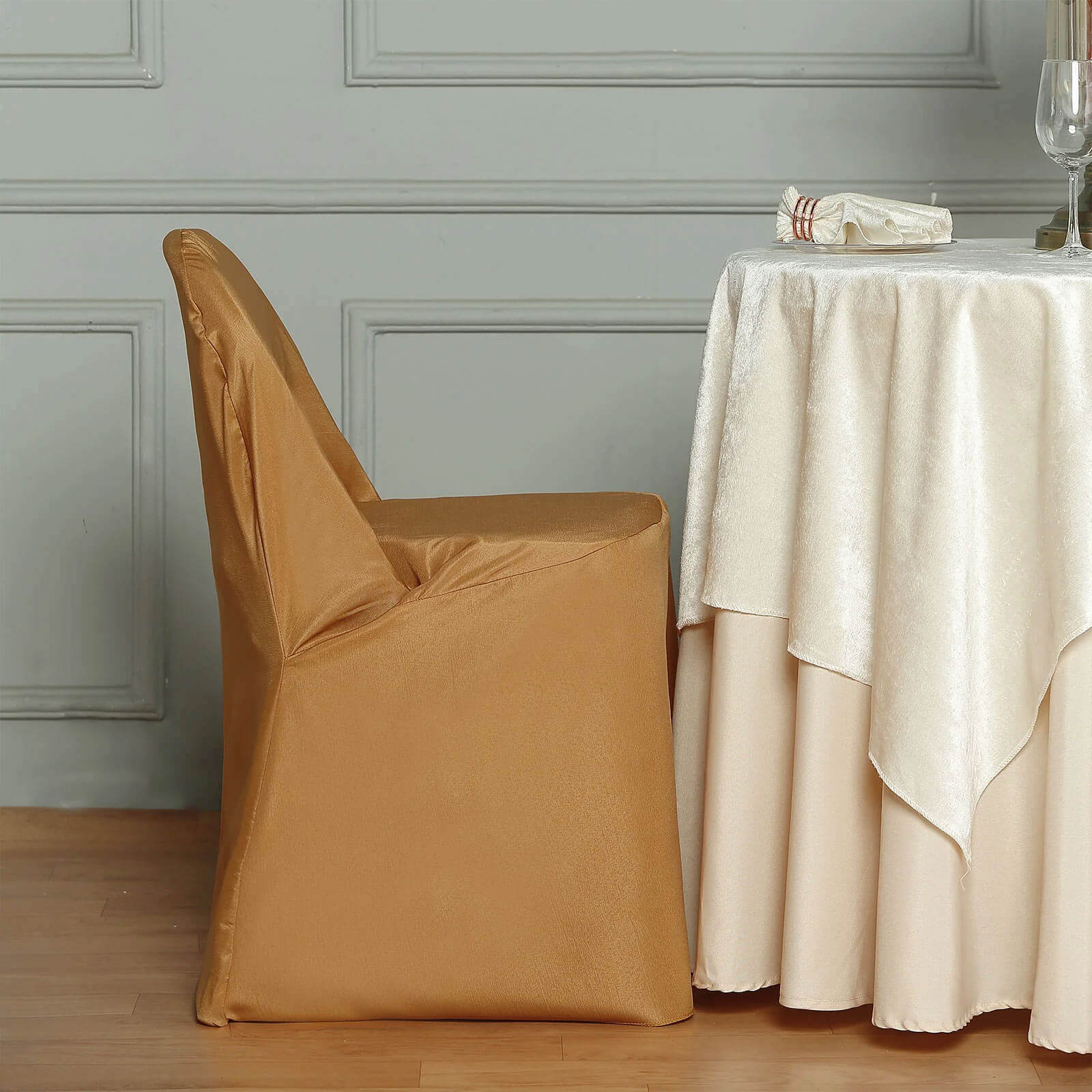 10-Piece Set of Gold Polyester Slip-On Chair Covers for Folding Chairs - Wrinkle-Free & Stain-Resistant