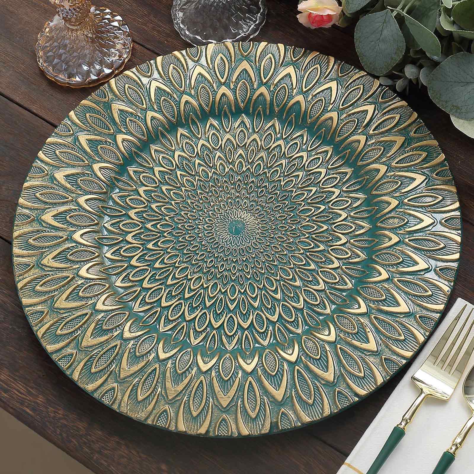 6-Piece Set of 13-Inch Teal Plastic Charger Plates with Gold Embossed Peacock Design