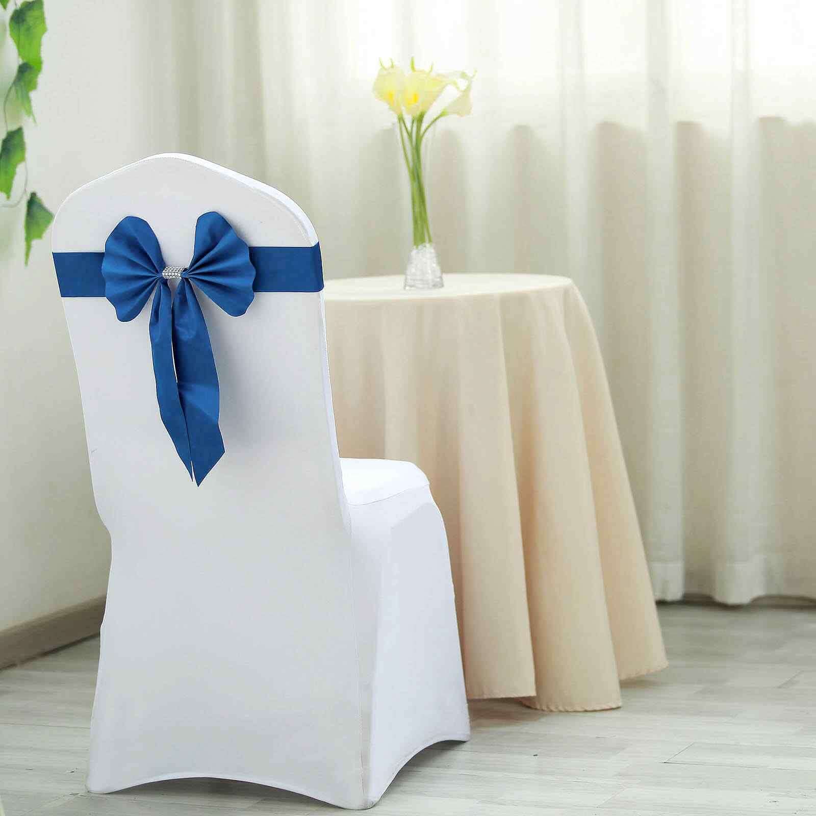 Hot Deal! 5-Pack Royal Blue Satin Faux Leather Chair Sashes with Diamond Rhinestone Buckles