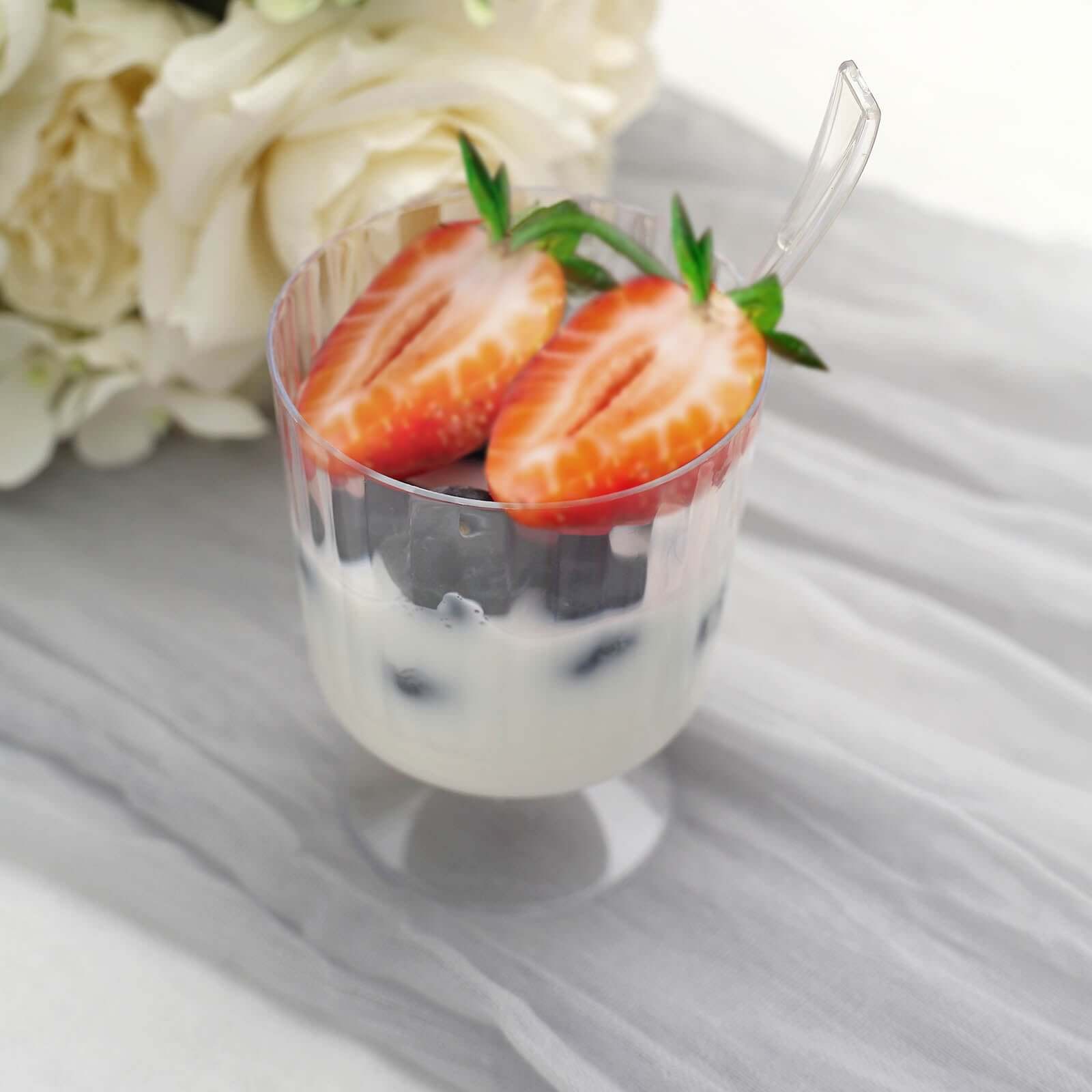 24-Pack Disposable 5oz Clear Plastic Dessert Cups with Ribbed Design and Pedestals, Spoon Set for Events